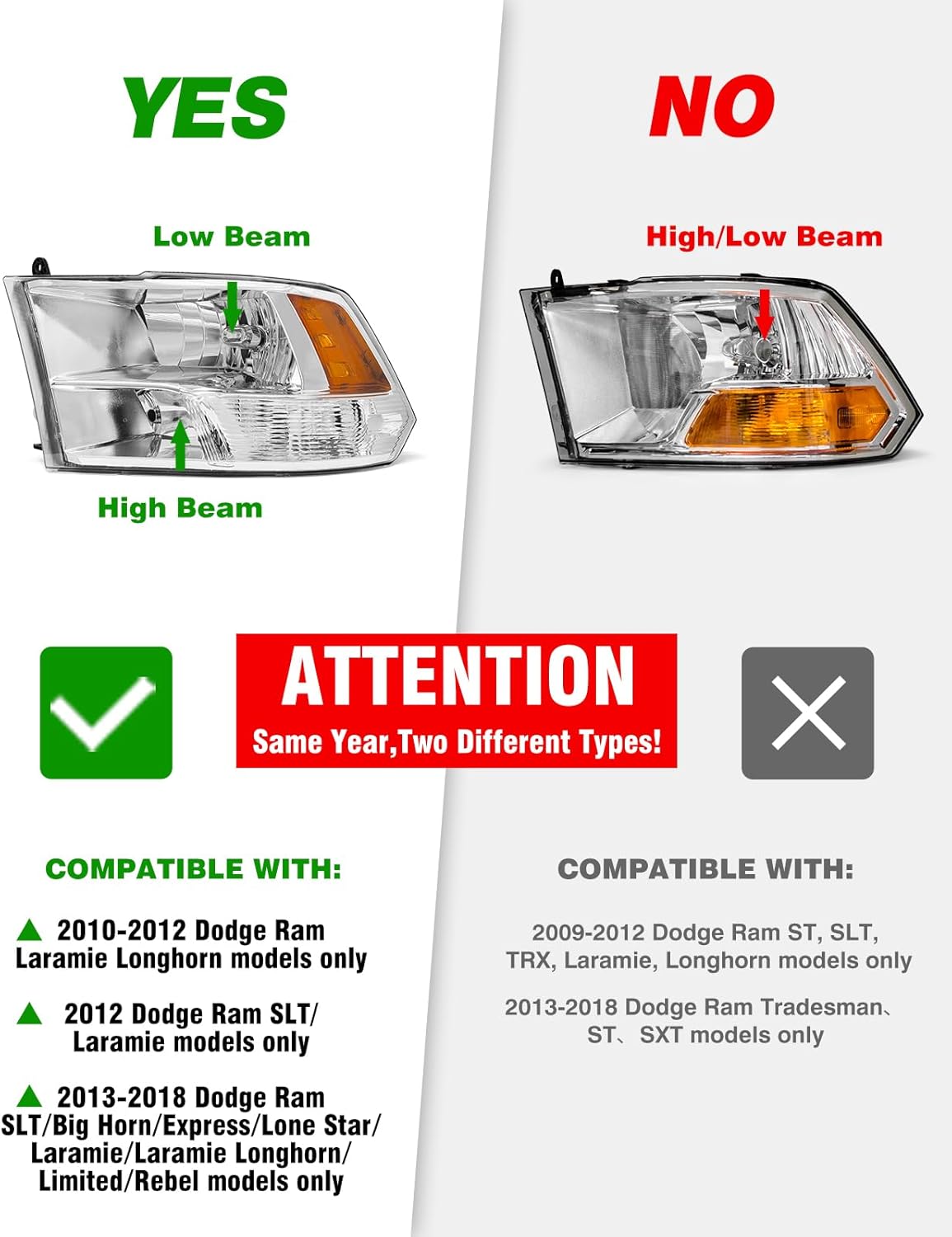 for 2010 2011 2012 2013 2014 2015 2016 2017 2018 Dodge Ram Headlight Assembly compatible with 10-18 Ram 1500/10-18 Ram 2500 3500 Chrome Housing Amber Reflector Headlamp Replacement