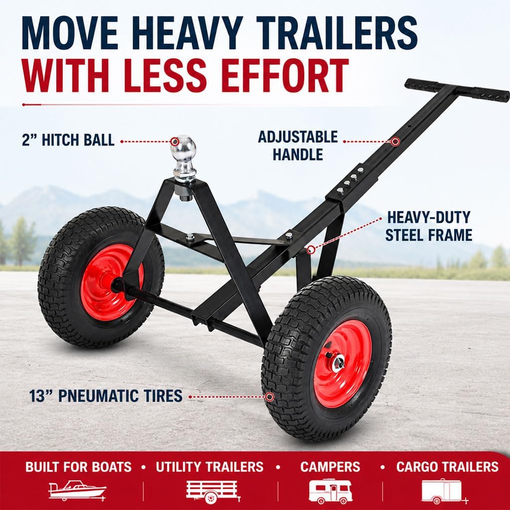 Trailer Dolly with 2" Hitch Ball, 1000 lbs Capacity, Heavy-Duty Steel Frame with Hammer-Tone Finish, Wide Wheelbase & 13" Flat-Free Tires – Lawn Tractor, RV, Boat, and Utility Trailer Mover Dolly