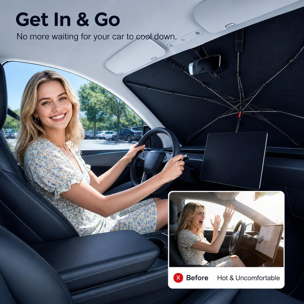 [2026 Upgraded] DooGooCoo Windshield Sun Shade Umbrella for Tesla Model Y, Model 3 [100% Sunlight Blocked, Cooling Ice Crystal] Sunshade for Car Windshield for Model Y & Model 3 Sunshade 2017-2026.