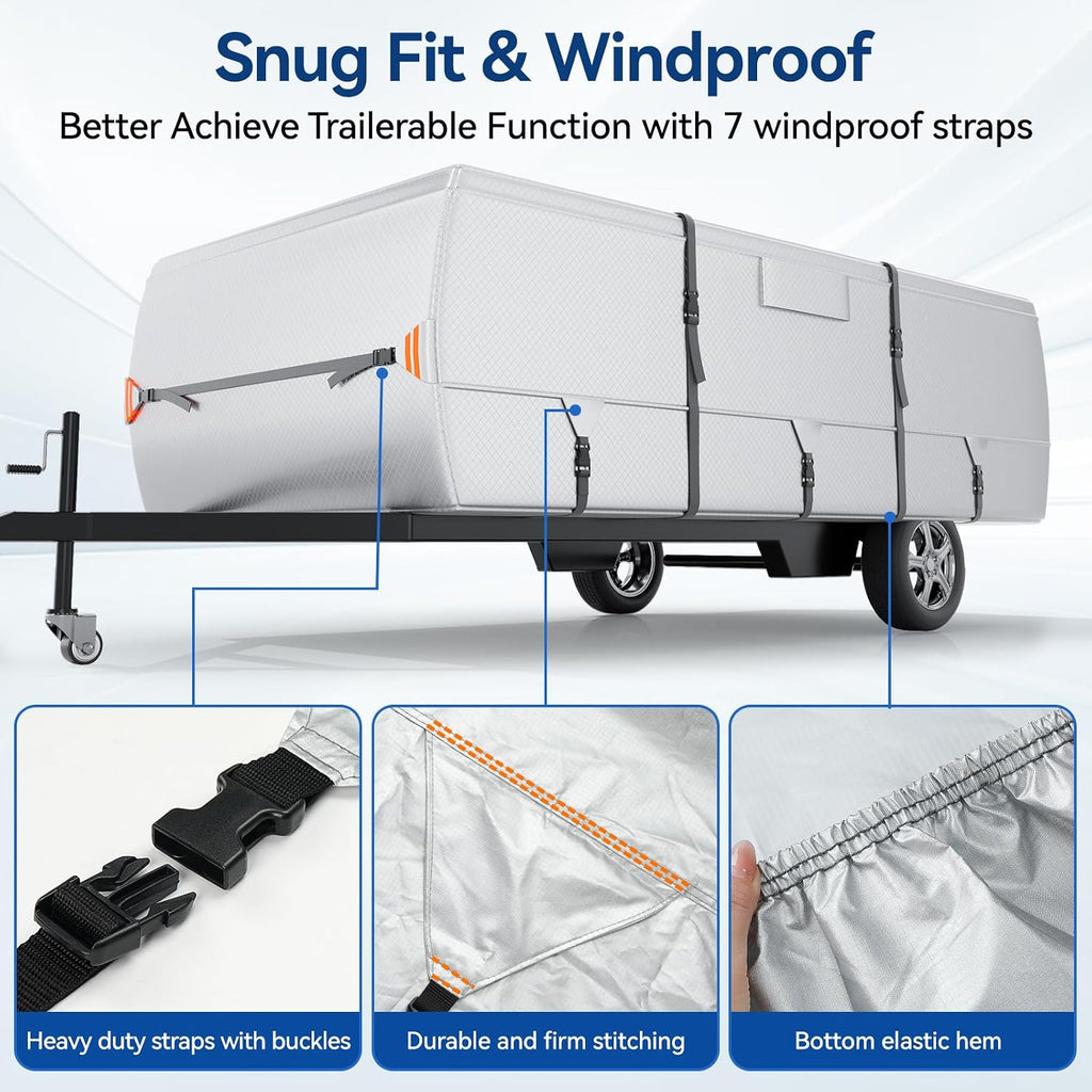 Oxford Fabric Pop Up Folding Camper Cover 14'-16' Super Waterproof Tear-Resistant Anti-UV Tent Trailer Cover for Winter Snow with Reinforced Corners, 5+2 Windproof Straps, Storage Bag