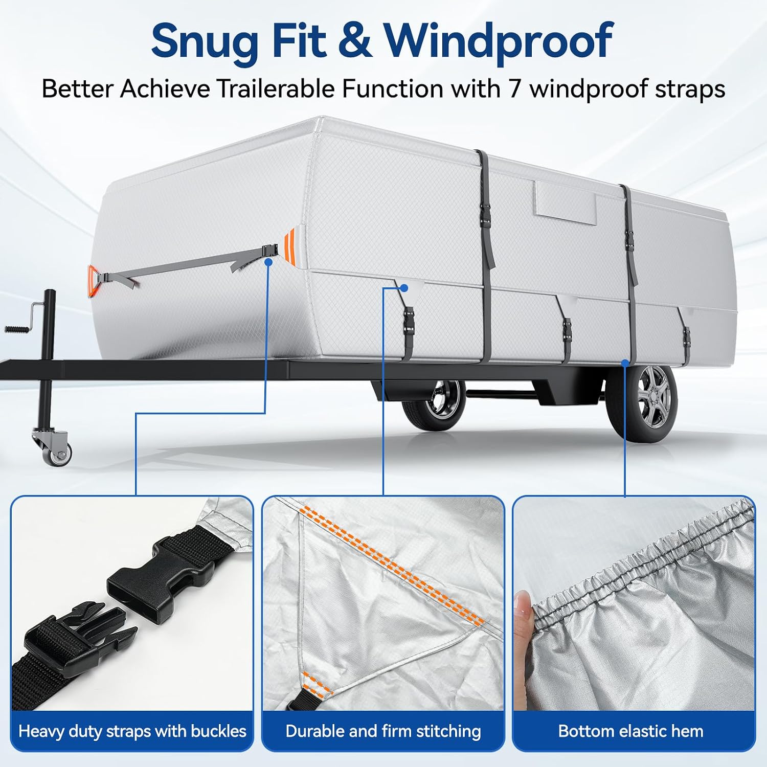 Oxford Fabric Pop Up Folding Camper Cover 14'-16' Super Waterproof Tear-Resistant Anti-UV Tent Trailer Cover for Winter Snow with Reinforced Corners, 5+2 Windproof Straps, Storage Bag