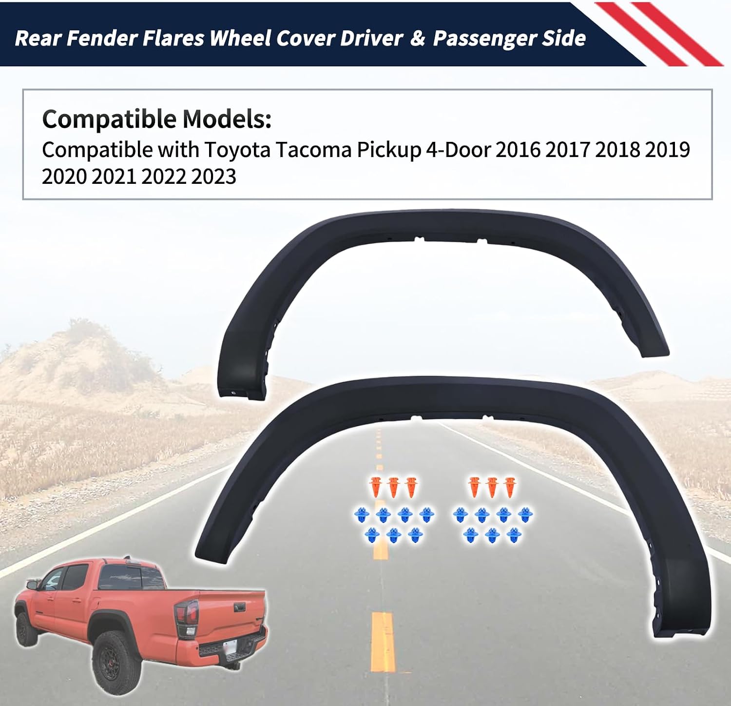 7587304090 7587404090 Rear Fender Flares Wheel Cover Driver ＆ Passenger Side Fit for Toyota Tacoma Pickup 4-Door 2016-2023, Wheel Arch Protector Trim Opening Molding TO1790111 TO1791111