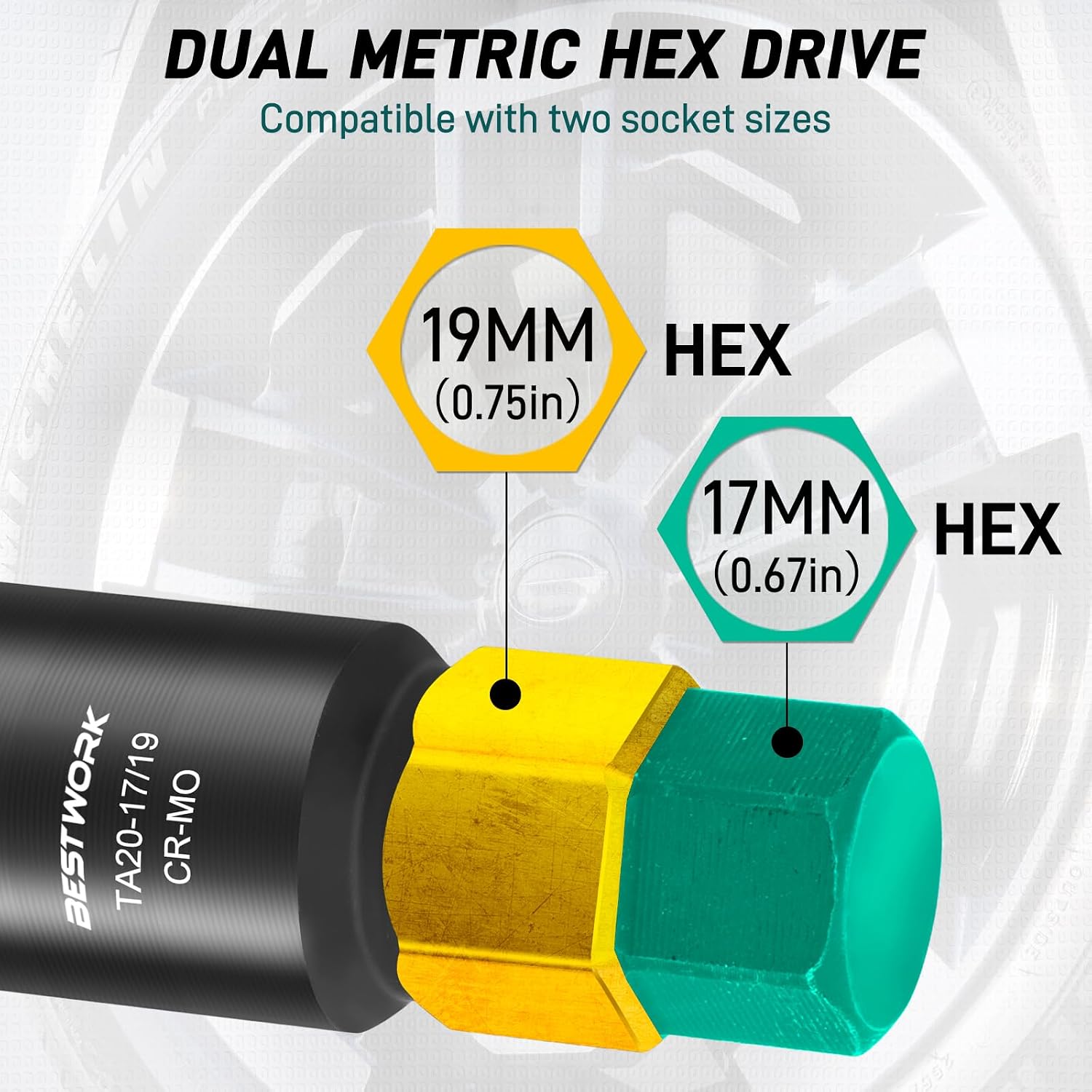 10 Spline Lug Nut Key, for TA20-17/19 10 Point Lug Nut Socket | Compatible with Bimecc 10 Spline Lug Nut Socket, Double Layer Reinforcement, Dual Hex Drive, CR-MO Steel