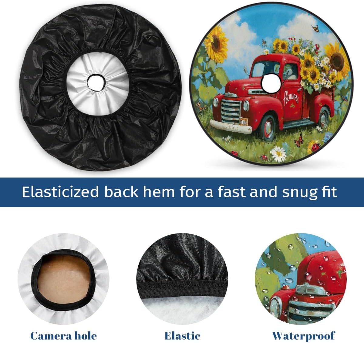 Spare Tire Cover with Backup Camera Hole Fit for Jeep RV Camper Travel Trailer SUV Truck 17inch,Waterproof Weatherproof Universal Car Wheel Protectors,Farm Floral Red Truck