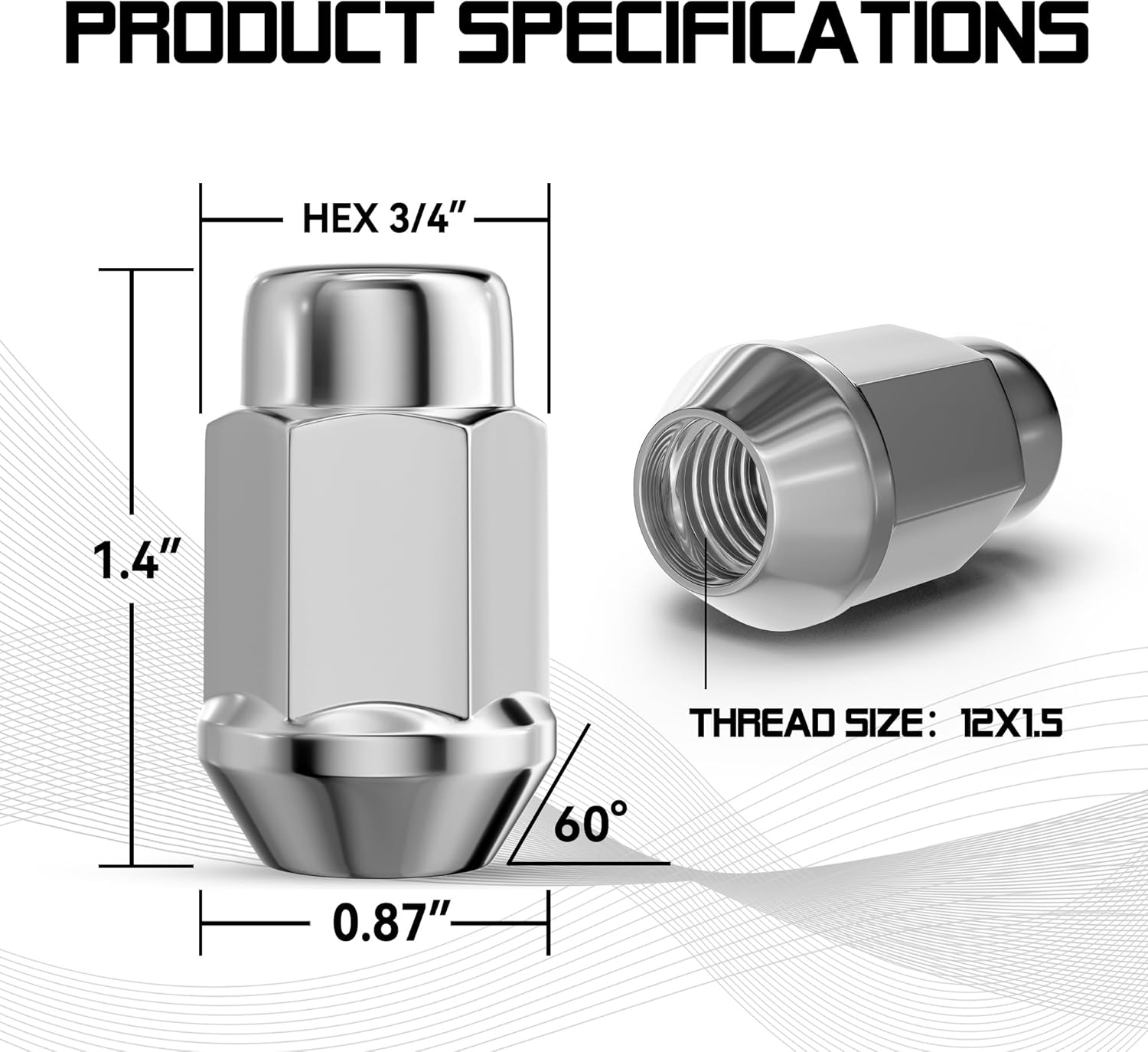 Wheel Lug Nuts, 12x1.5, Chrome, 20PCS | Closed End Bulge Acorn, Cone Seat, 19mm Hex, Aftermarket Wheels