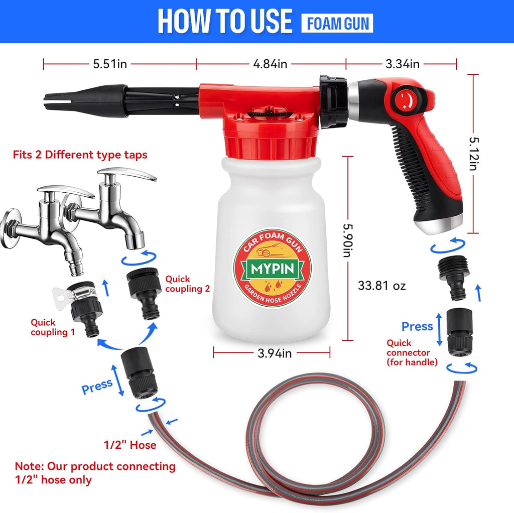 Car Wash Foam Gun/Hose Sprayer, 16 IN 1 Foam Cannon for Car/Garden Cleaning | Adjustable with 2.5-6 Ratio Dial Foam Blaster, 1L Bottle, Nozzles, Mitten&Towel, 1/2” Quick Connector for Garden Hose,Sprayer
