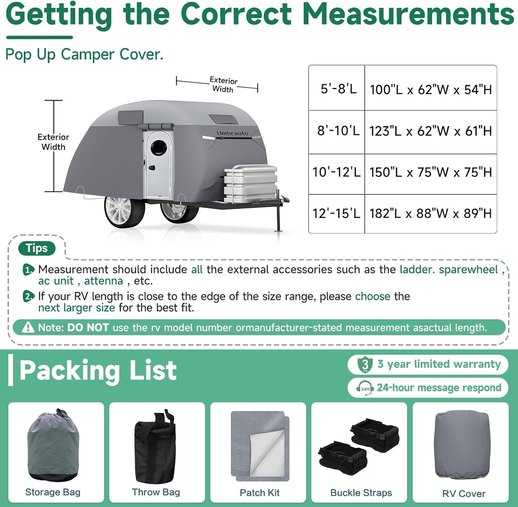 Teardrop Trailer Cover Fits 12'-15' RV, Camper Cover for R-Pod Trailers | Waterproof Travel Trailer Cover, 7 Layers Top, Leightweight, Camper Cover with Windproof Strap for Clamshell Trailers