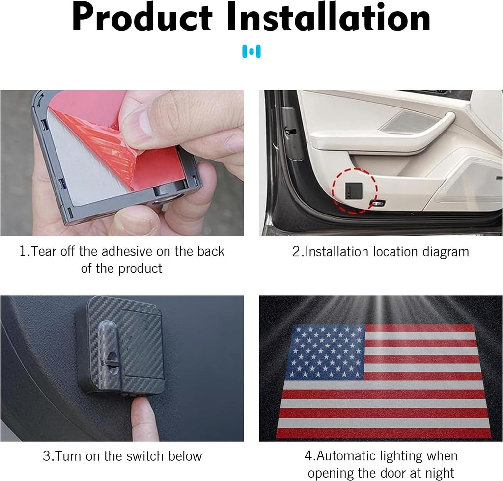 2 PCS American Flag Car Door Lights Pattern Projector, Sensitive Welcome Lights with Dual Infrared Sensing, Carbon Fiber Shell LED Projector Lamp, for Most Vehicles (Multicolored)