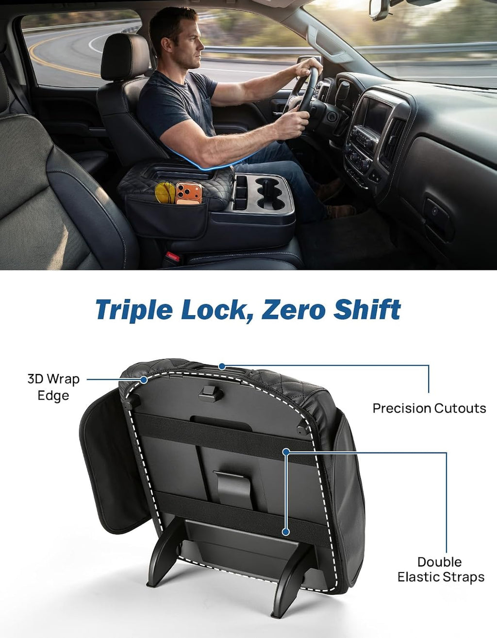 JOYTUTUS Center Console Cover Compatible with Silverado Sierra 2014-2018 Jump Seat, Leather Arm Rest Armrest Cover for Car, Durable Middle Console Cover Replacement for Trucks, with 2 Pocket