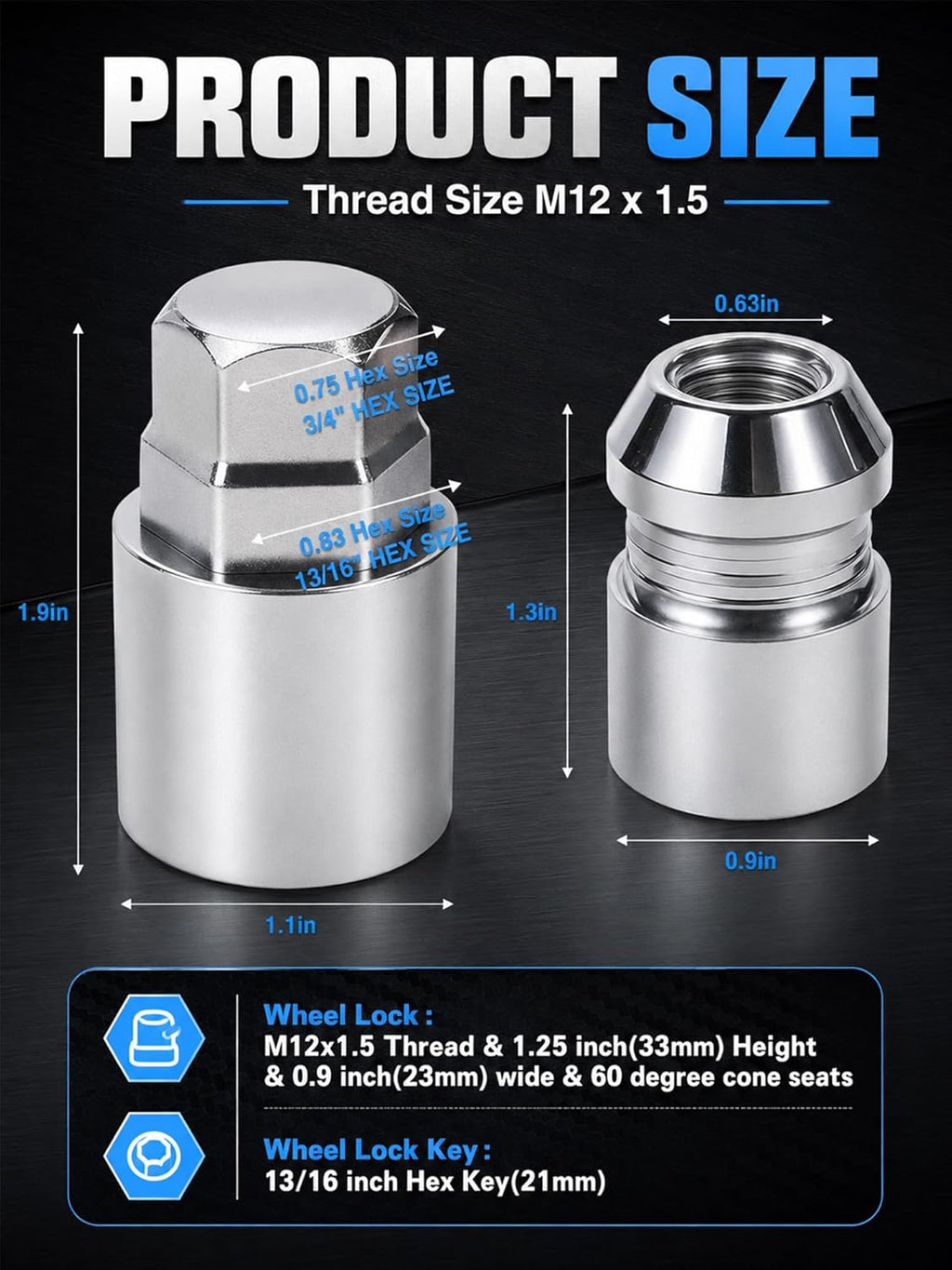 Wheel Lock Lug Nut M12x1.5 Anti Theft Fit Honda Accord Civic CRV Acura Dodge Grand Caravan Ford Fusion Hyundai Elantra Kia K5 Sportage Lexus Mazda CX5 Toyota Chrysler Mitsubishi Replace 24157