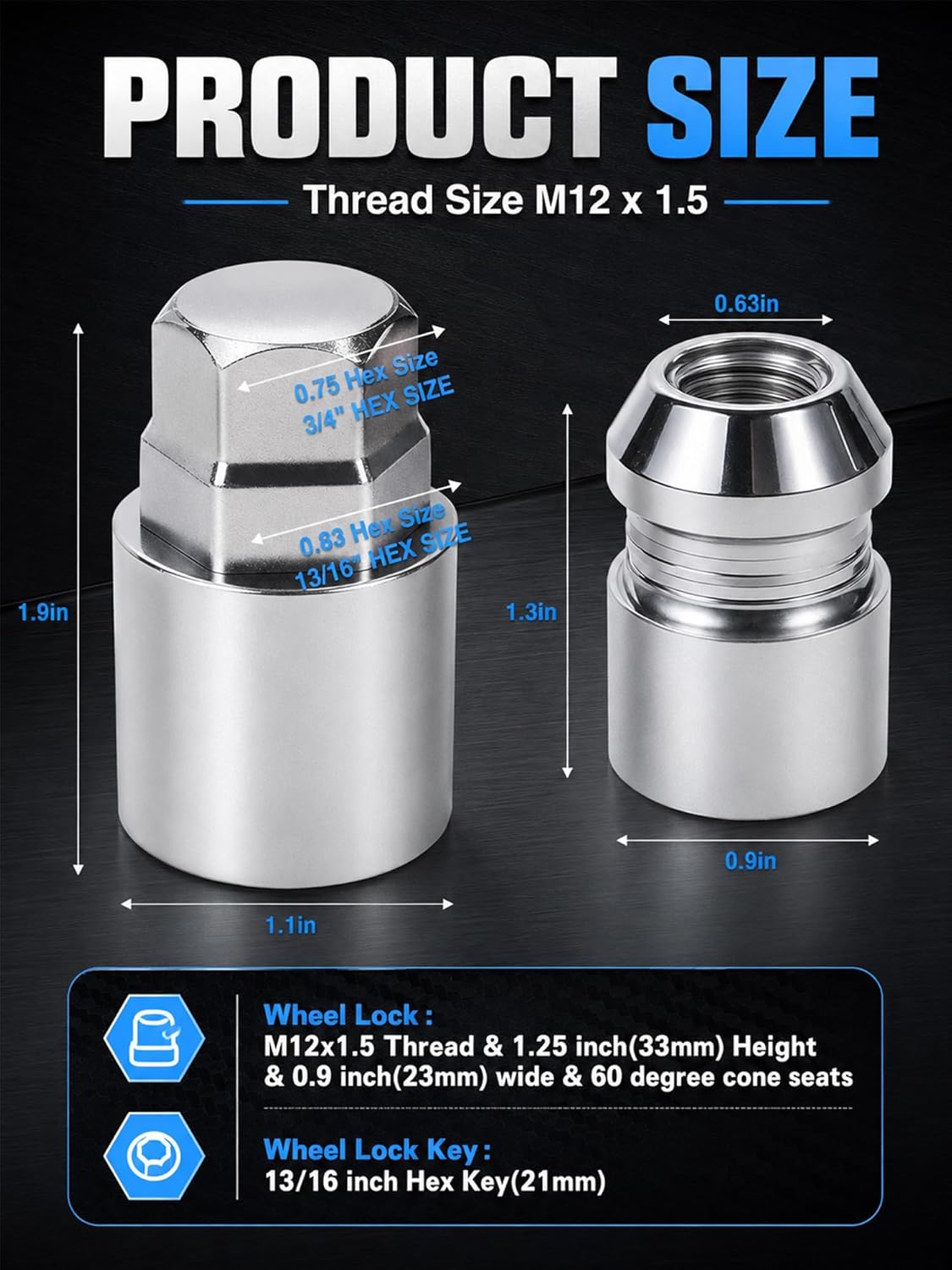 Wheel Lock Lug Nut M12x1.5 Anti Theft Fit Honda Accord Civic CRV Acura Dodge Grand Caravan Ford Fusion Hyundai Elantra Kia K5 Sportage Lexus Mazda CX5 Toyota Chrysler Mitsubishi Replace 24157