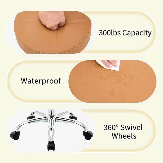 Rolling Massage Chair, Adjustable Hair Cutting Stool 19.5’’-26.6’’, Camel Brown - Image 5