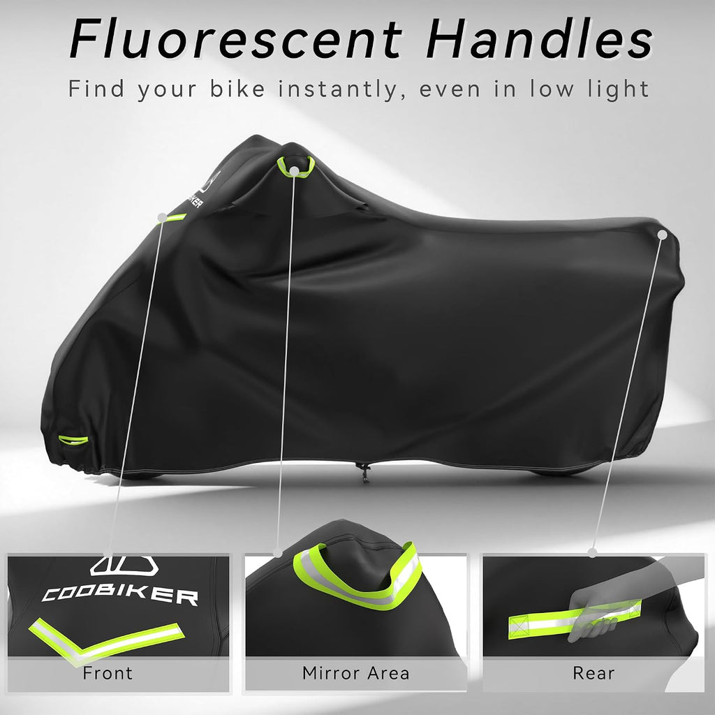 Motorcycle Cover 300D Waterproof Outdoor Night Reflective Breathable Vents All Season Rain Sun Dust Protection Universal Fit Powersports Vehicle Cover with Lock-Holes Fits up to 96.5"