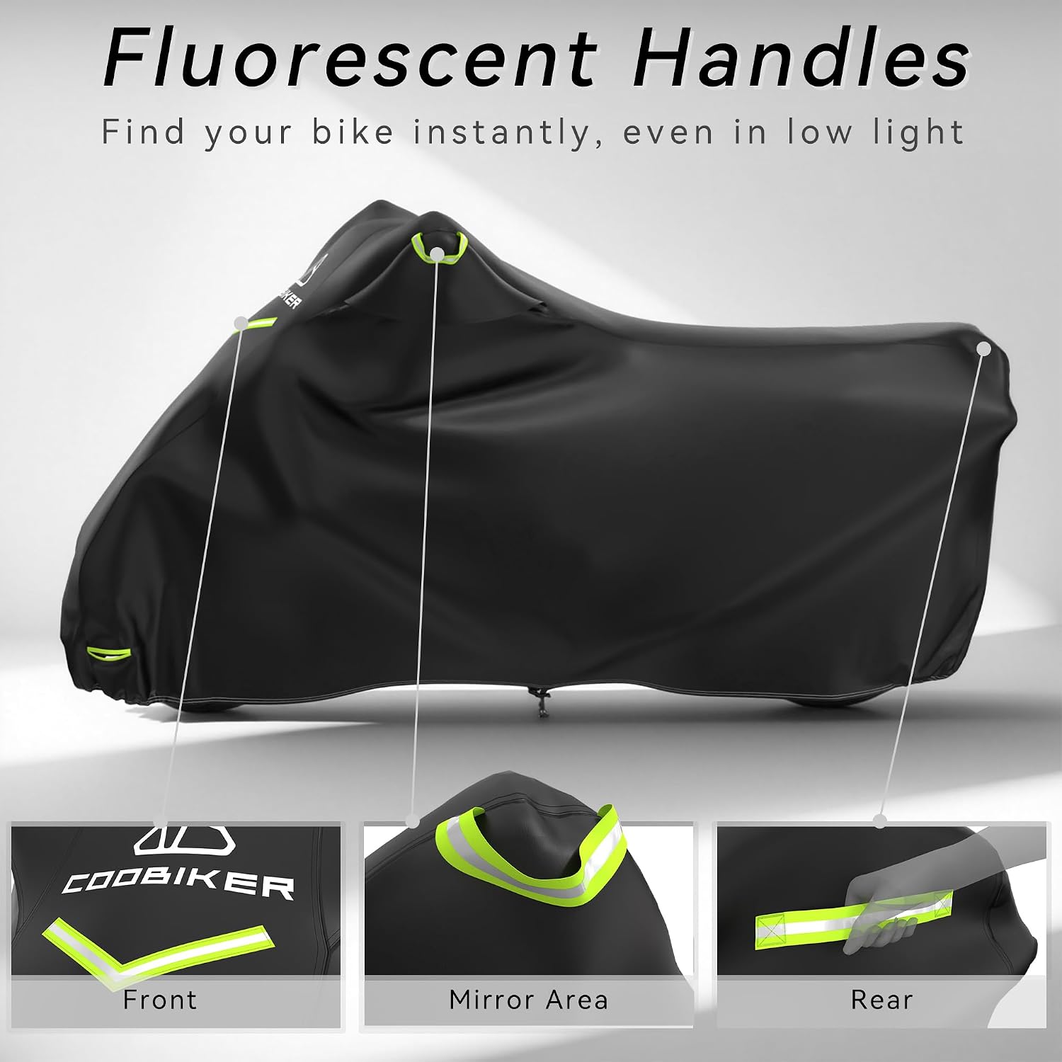 Motorcycle Cover 300D Waterproof Outdoor Night Reflective Breathable Vents All Season Rain Sun Dust Protection Universal Fit Powersports Vehicle Cover with Lock-Holes Fits up to 96.5"