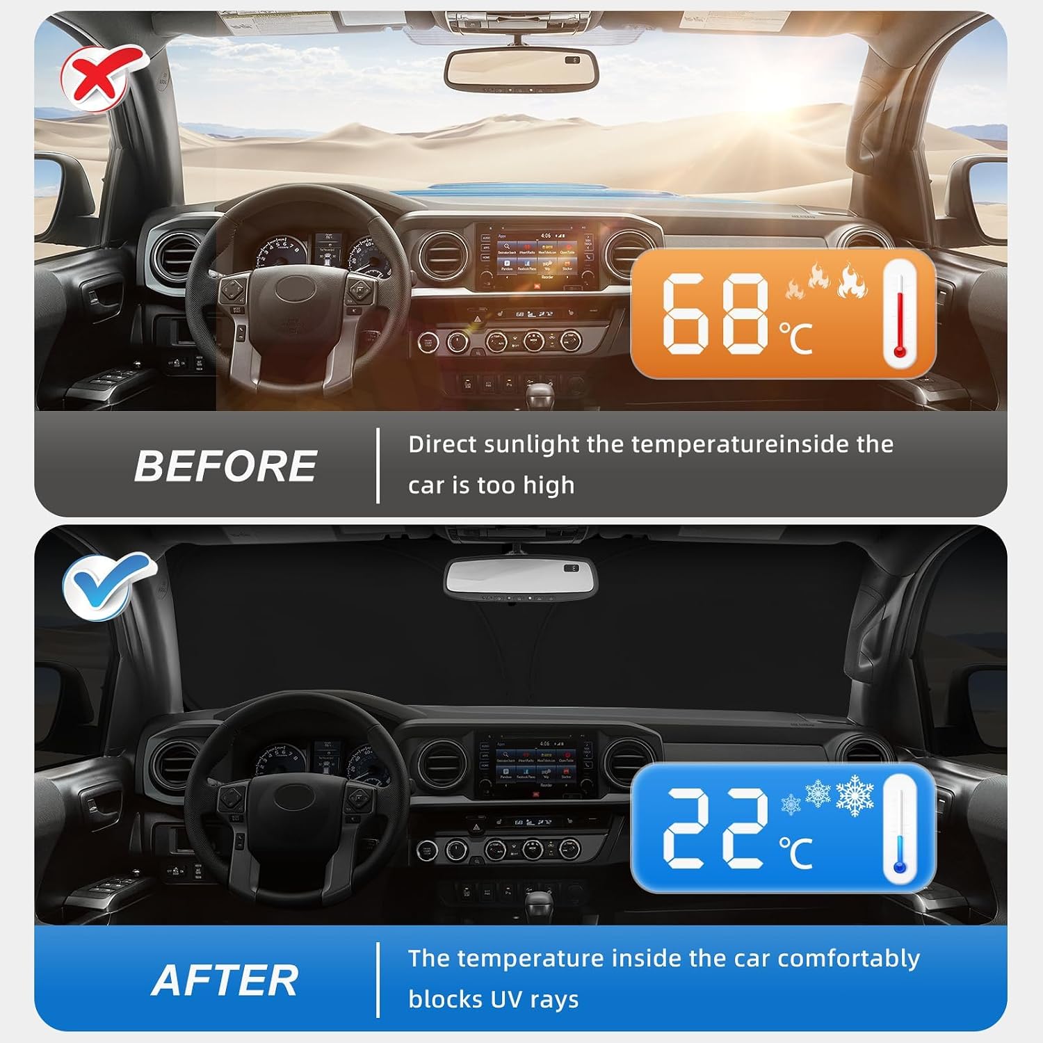 Windshield Sun Shade for GMC Sierra 1500 2500 3500 SLT AT4 Denali 2019-2024 2025 2026 Front Window Shade Custom Fit Sun Visor Foldable Shade Blocks UV Rays Summer Must Have Car Accessories