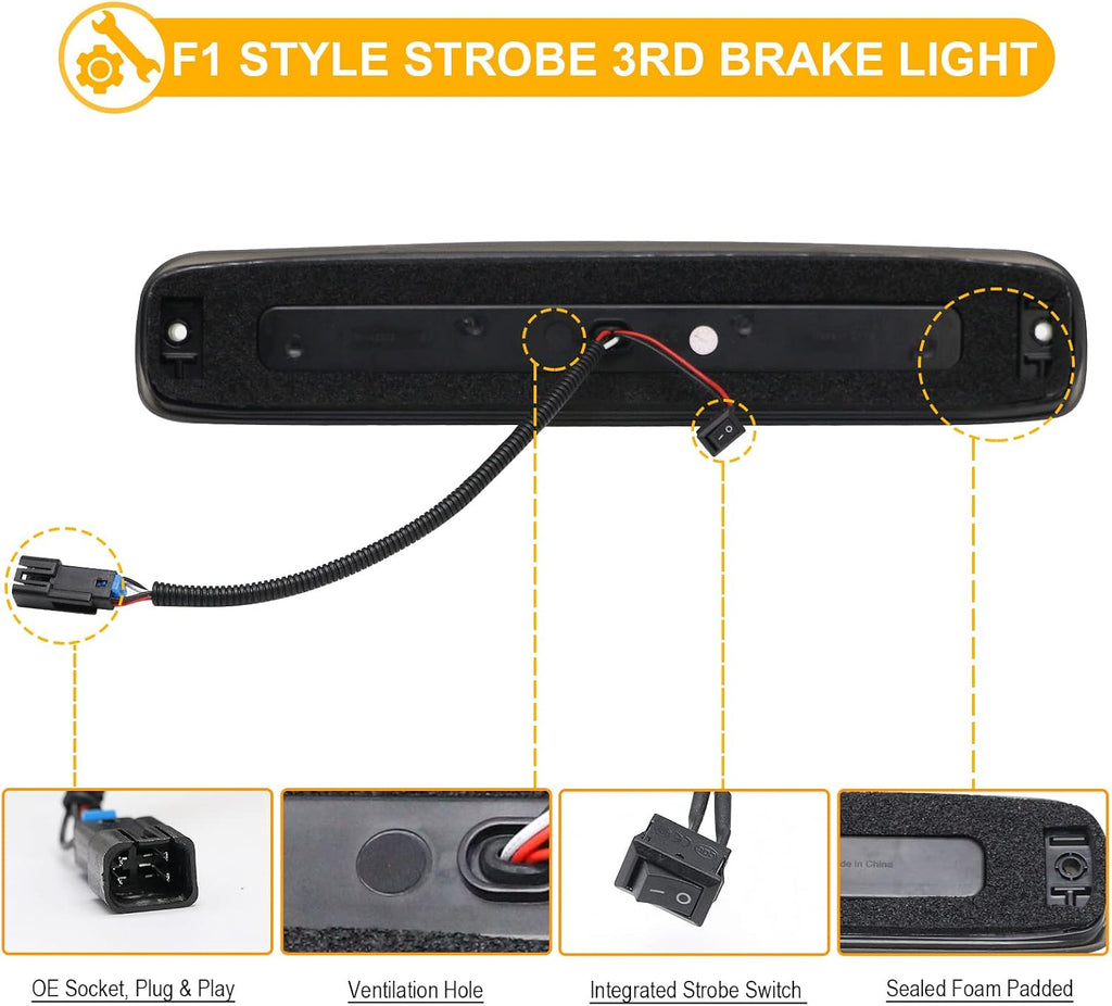 R&F Auto LED Smoked Third Brake Light with Seal Foam Gaskets Replacement for Silverado & Sierra 1500/2500/3500 HD Classic (1999-2007) Pickup Trucks Roof Cargo Lights Strobe High Mount Stop Lamp