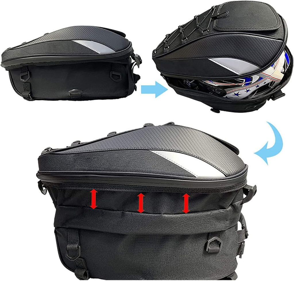 Motorcycle Tail Bag,Waterproof Seat Bag,Dual Use Backpack With Cargo Net | Expandable Helmet Bag with Rain Cover & Shoulder Strap, Multifunctional Storage Saddle Bag, Motorbike Luggage Tail Pack