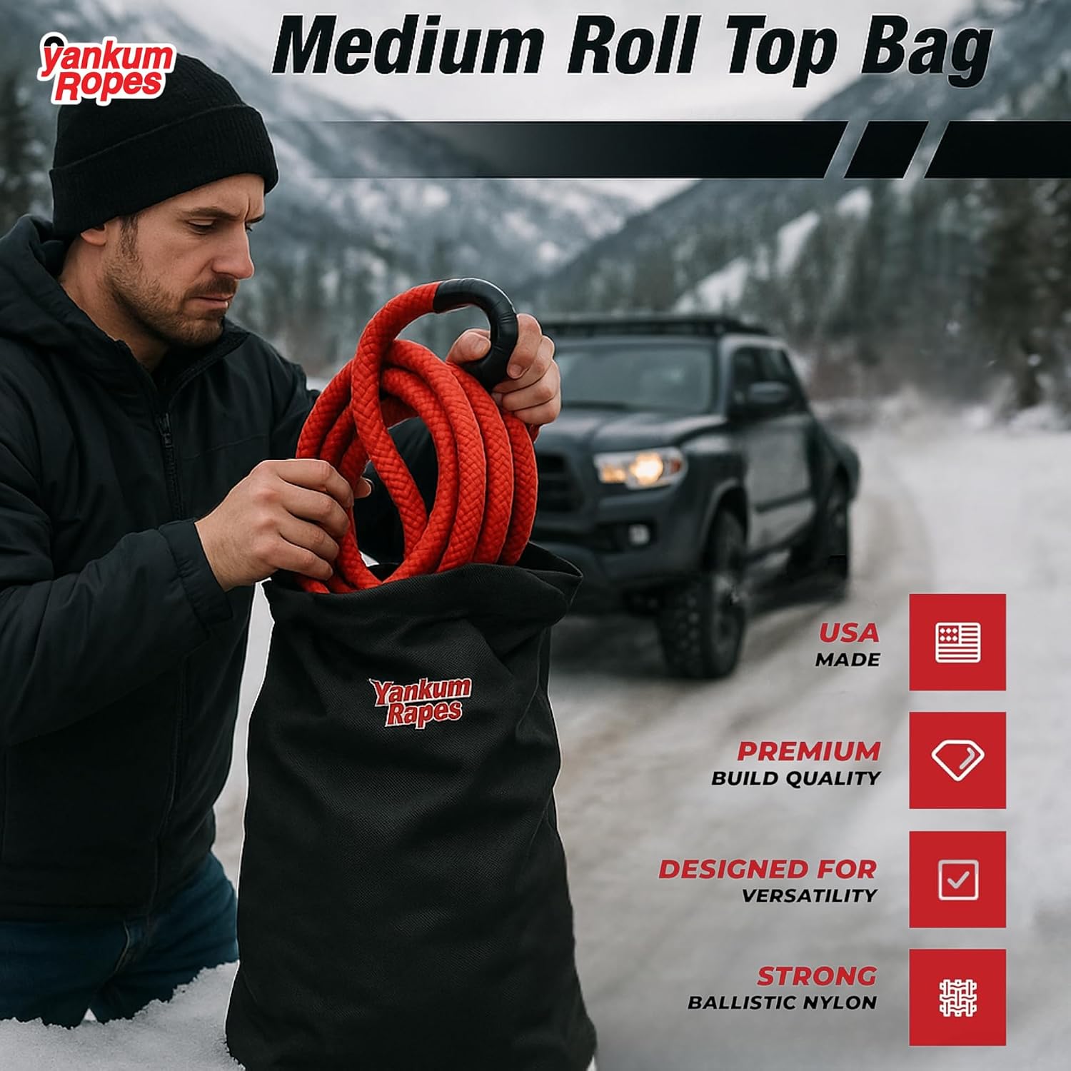 Yankum Kinetic Recovery Rope 1”x30’, 2 Soft Shackle 7/16” & Nylon Bag (Medium) – Heavy Duty Tow Rope, Synthetic Recovery Shackle, Waterproof Tool Bag for Off-Road, Jeep, Truck Recovery, Made in USA