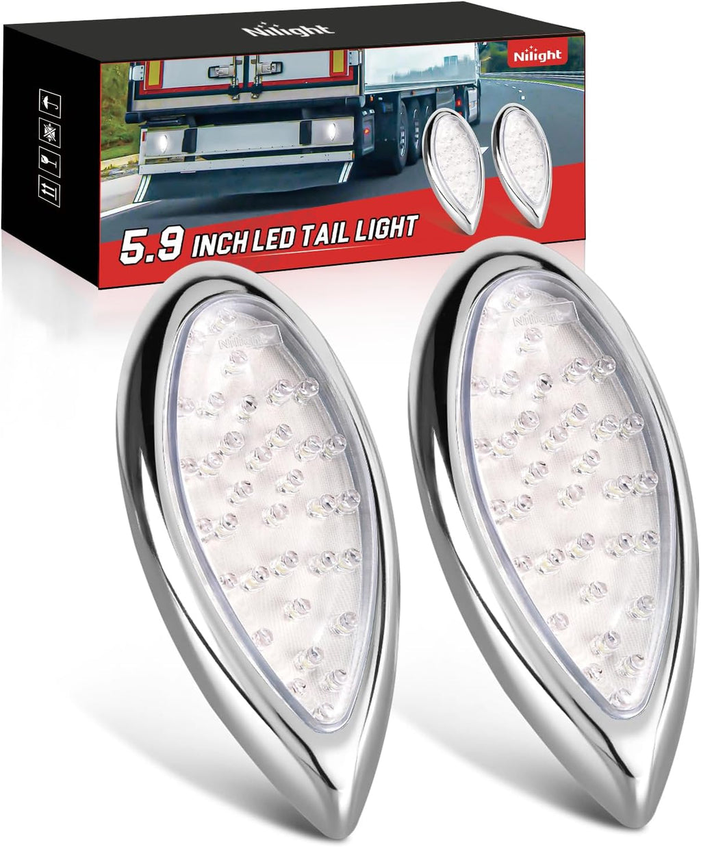 Nilight Trailer Tail Light 2PCS 5.9Inch Teardrop 35 LED White Chrome Bezel Marker Clearance Reverse Backup Running Taillight IP67 Waterproof for Trailer Truck Pickup Camper RV