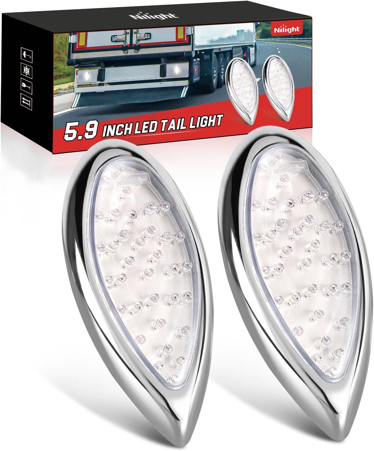 Nilight Trailer Tail Light 2PCS 5.9Inch Teardrop 35 LED White Chrome Bezel Marker Clearance Reverse Backup Running Taillight IP67 Waterproof for Trailer Truck Pickup Camper RV