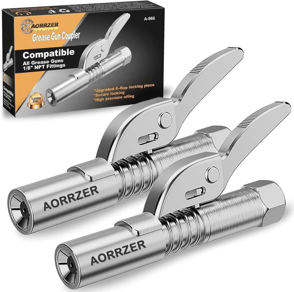 Grease Gun Coupler 2 PCS, Strong Lock-on Greases Gun Couplers | 12000 PSI High Pressure Coupler Quick Release Grease, and Compatible with All Grease Guns 1/8" NPT Grease Gun Fittings ﻿