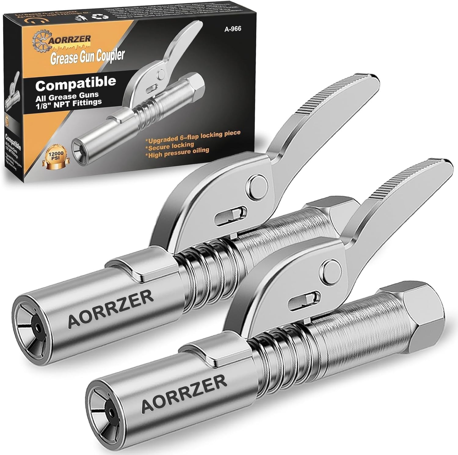 Grease Gun Coupler 2 PCS, Strong Lock-on Greases Gun Couplers | 12000 PSI High Pressure Coupler Quick Release Grease, and Compatible with All Grease Guns 1/8" NPT Grease Gun Fittings ﻿