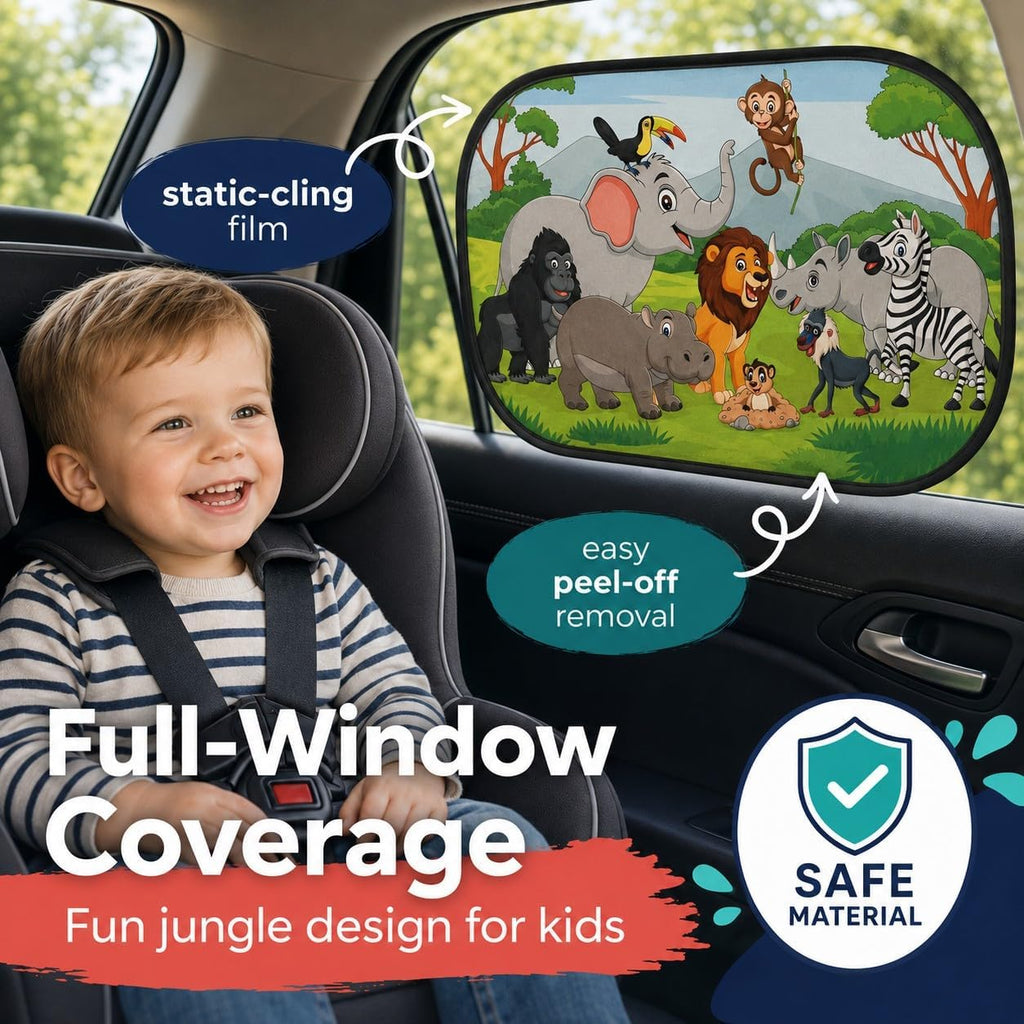 Car Window Shade for Baby Kids, 2 Pack Cartoon Animal Side Window Sun Shades, UV Protection Baby Car Window Shades for Sun Glare, Heat & Travel Comfort (Safari)