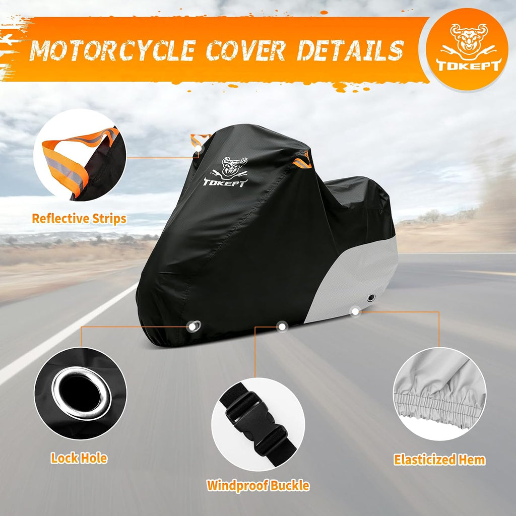 Motorcycle Cover Waterproof All Season Outdoor Protection, Fits up to 116 Inch, Compatible with Cruisers & Touring Models, with Locking Holes & Reflective Strips (Black&Silver)