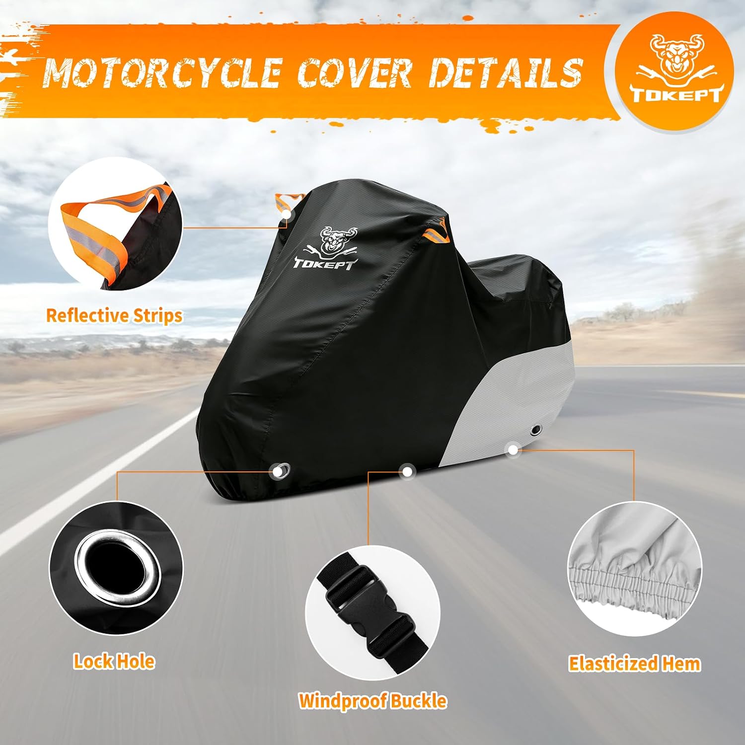 Motorcycle Cover Waterproof All Season Outdoor Protection, Fits up to 116 Inch, Compatible with Cruisers & Touring Models, with Locking Holes & Reflective Strips (Black&Silver)