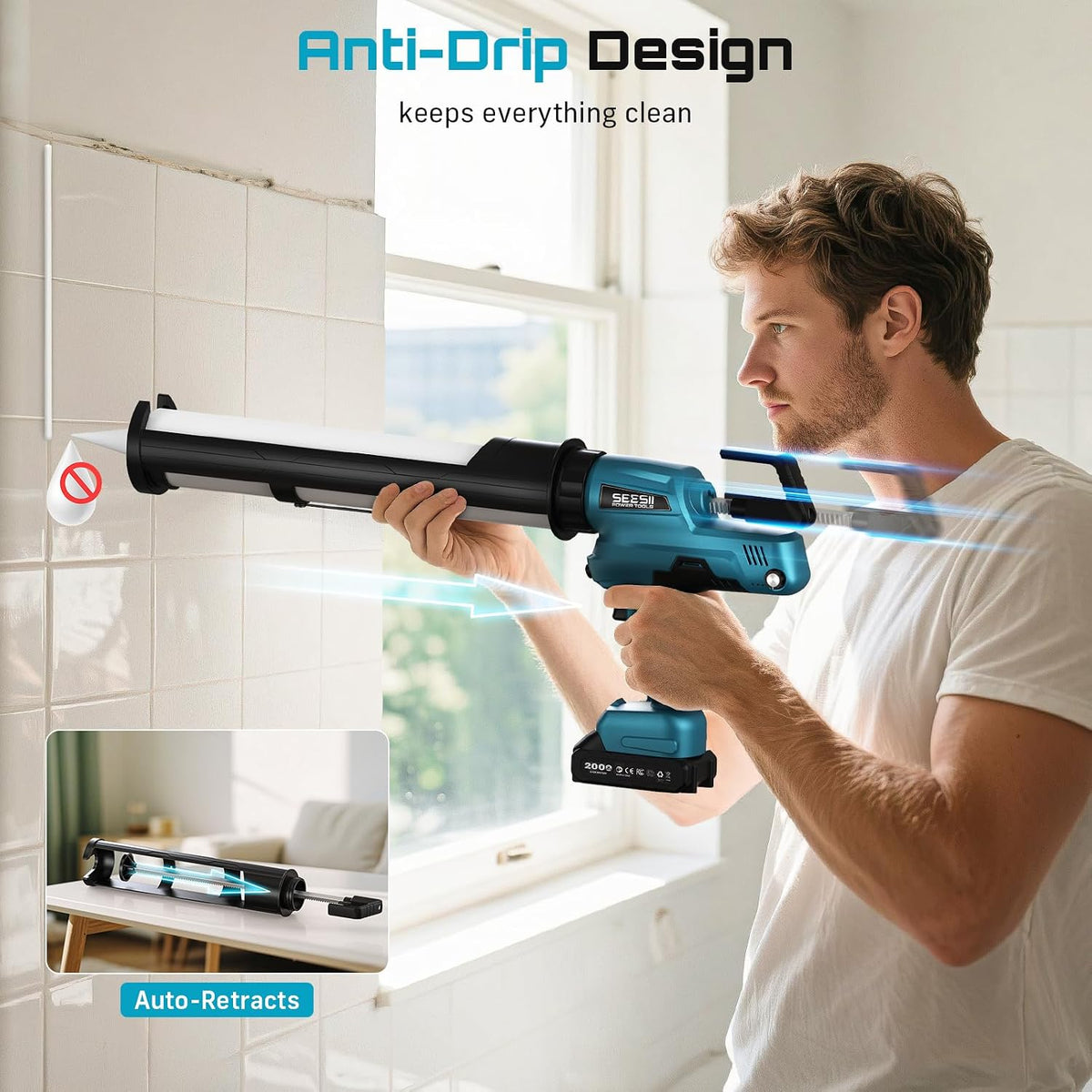 seesii 29oz electric caulking gun, cordless caulk gun on a desk or shelf
