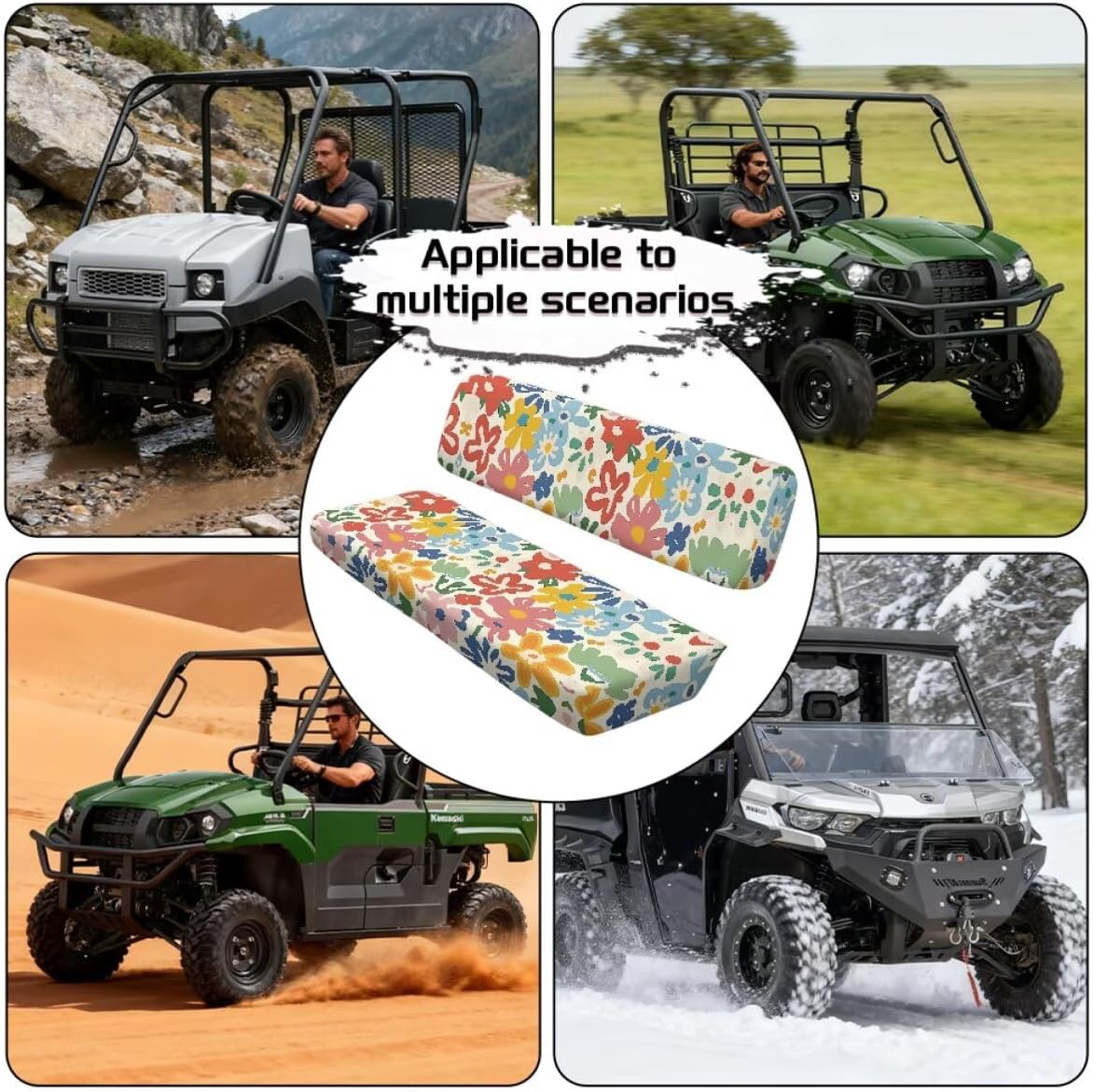 Hippie Flower Pattern UTV Seat Cover Compatible with Kawasaki Mule 4000 4010 3000 3010 3020 Heavy Duty Waterproof Elastic Soft UTV Accessories Seat Cover