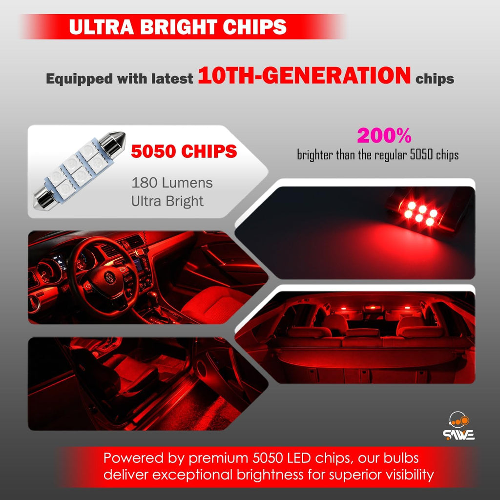 578 Led Bulb 42mm 41mm 211-2 212-2 Red Dome Map Interior Light 4Pcs | Canbus Error Free 12v Replacement for Interior Car Door Step Trunk Footwell Festoon Lamp 569 6411 6418 6451 5050 6-smd