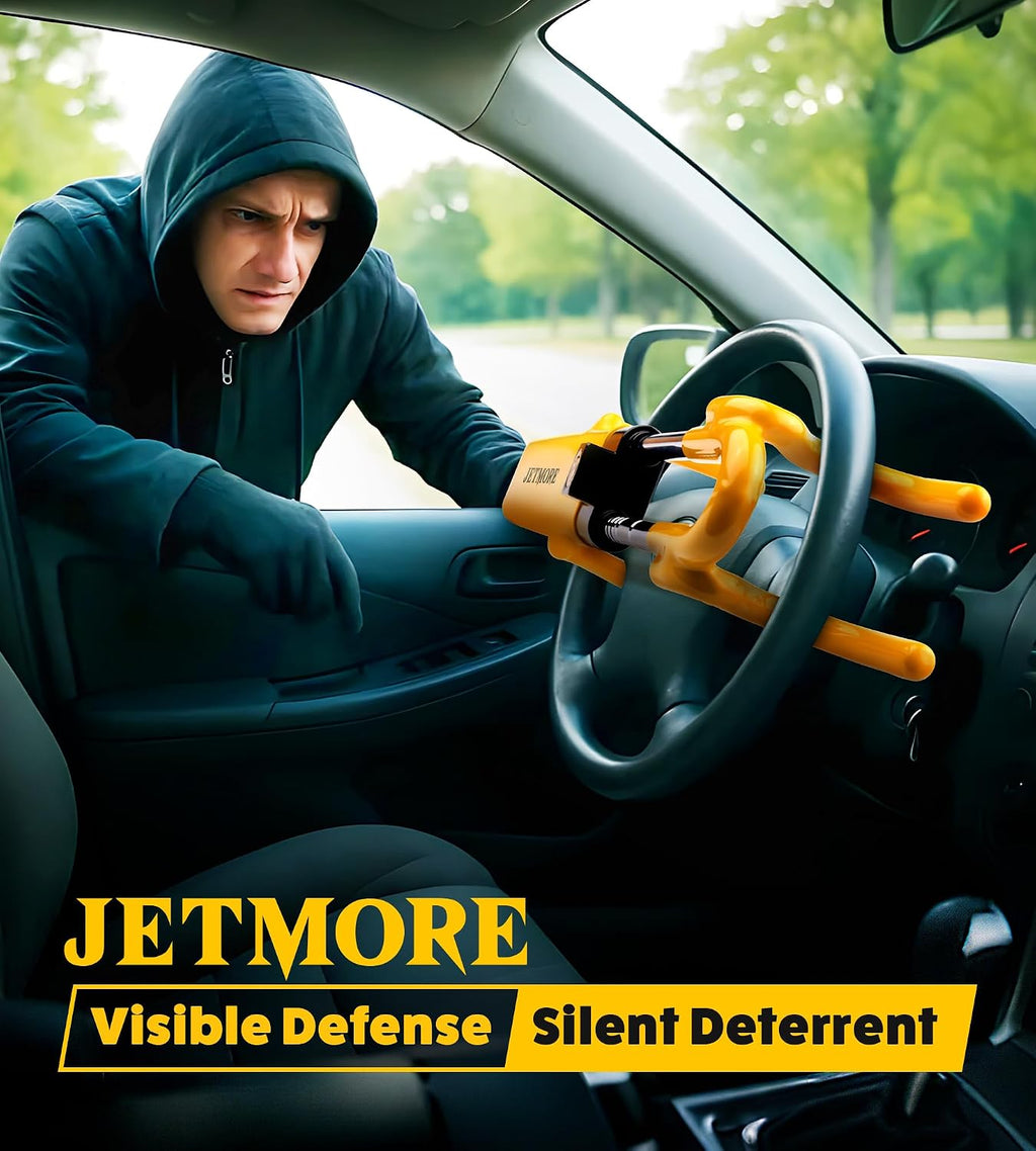 JETMORE Steering Wheel Lock Adjustable Car Anti Theft Device Reinforced Steel Lock with Double Hook Design Car Locks with Keys Heavy Duty Lock for Cars Trucks SUVs Car Accessories Wheel Lock