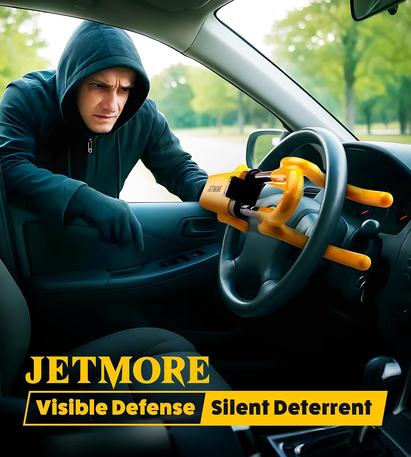 JETMORE Steering Wheel Lock Adjustable Car Anti Theft Device Reinforced Steel Lock with Double Hook Design Car Locks with Keys Heavy Duty Lock for Cars Trucks SUVs Car Accessories Wheel Lock