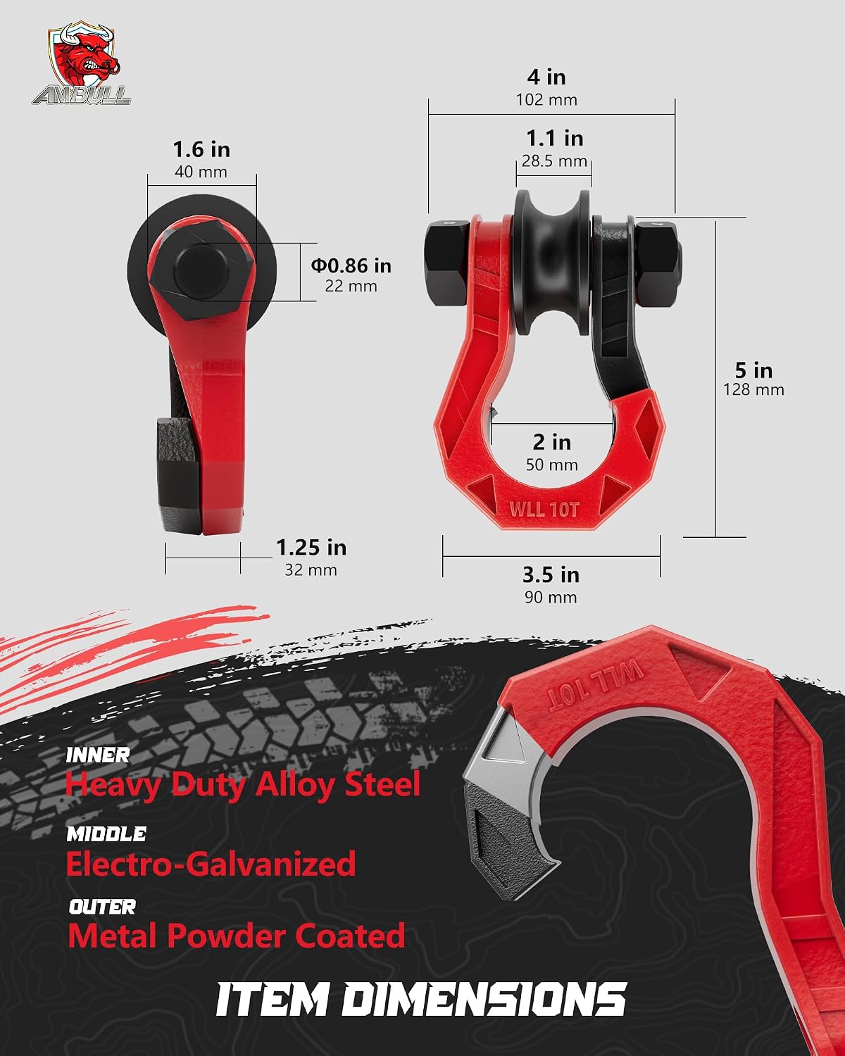 D Ring Separate Shackle with Snatch Block 2 Set, 3/4" Shackles w/Snatch Block Pulley, Heavy Duty Shackle for Towing Winch, Pulley for Off-Road Vehicle Recovery, Truck, ATV, UTV, BlackRed