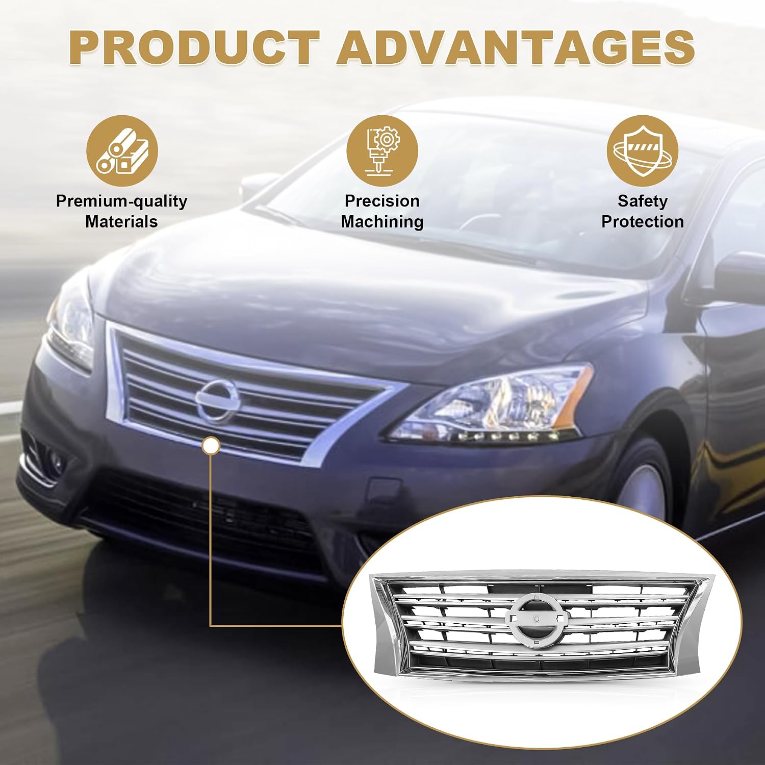 PartsFlow Front Bumper Grille Upper Grill Chrome Shell Black Insert For 2013 2014 2015 Nissan Sentra NI1200252