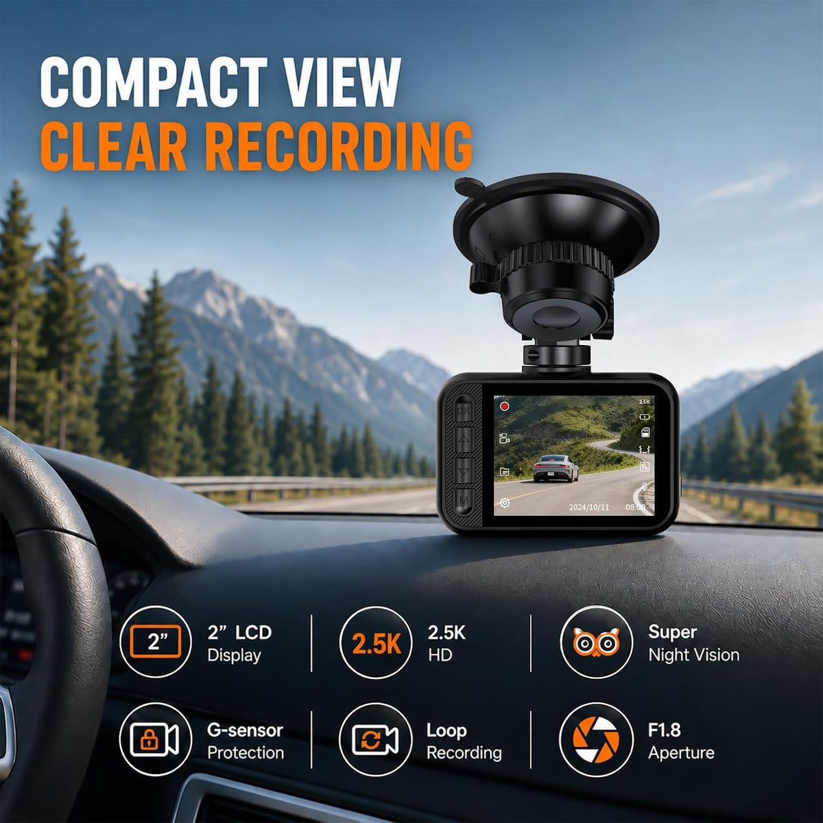 dash cam front and rear for cars, 2.5k+1080p shown in use