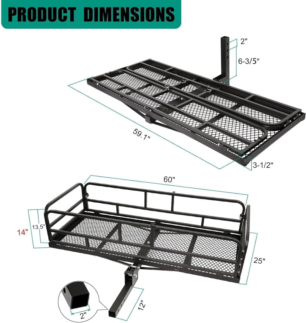 Trailer Hitch Cargo Rack, 60 x 24 x 14 Inch Folding Hitch Mount Cargo Carrier with High Side Rails for RV Truck SUV Van, 500 lbs. Capacity, 2" Receiver, Black