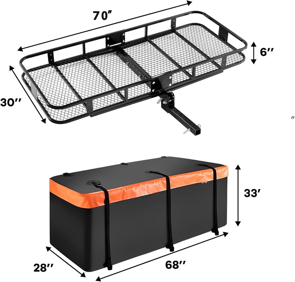XXL Hitch Cargo Carrier with Waterproof Bag, 70" x 30" x 6" Galvanized Steel Basket and 68" x 28" x 33" Bag, 500 lb Capacity, Raised Shank,Fits 2" Receiver for SUV Truck Van Car