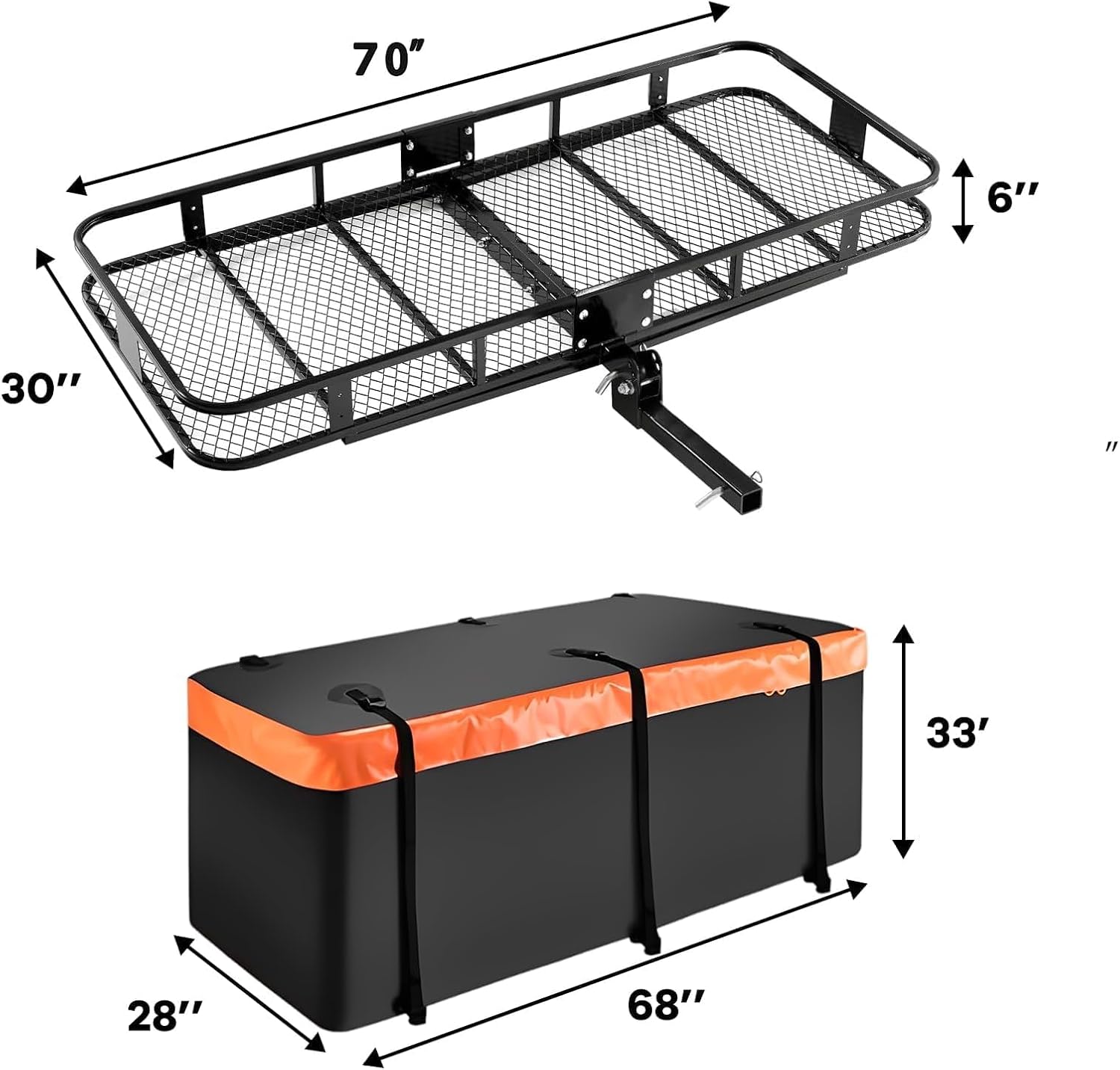XXL Hitch Cargo Carrier with Waterproof Bag, 70" x 30" x 6" Galvanized Steel Basket and 68" x 28" x 33" Bag, 500 lb Capacity, Raised Shank,Fits 2" Receiver for SUV Truck Van Car