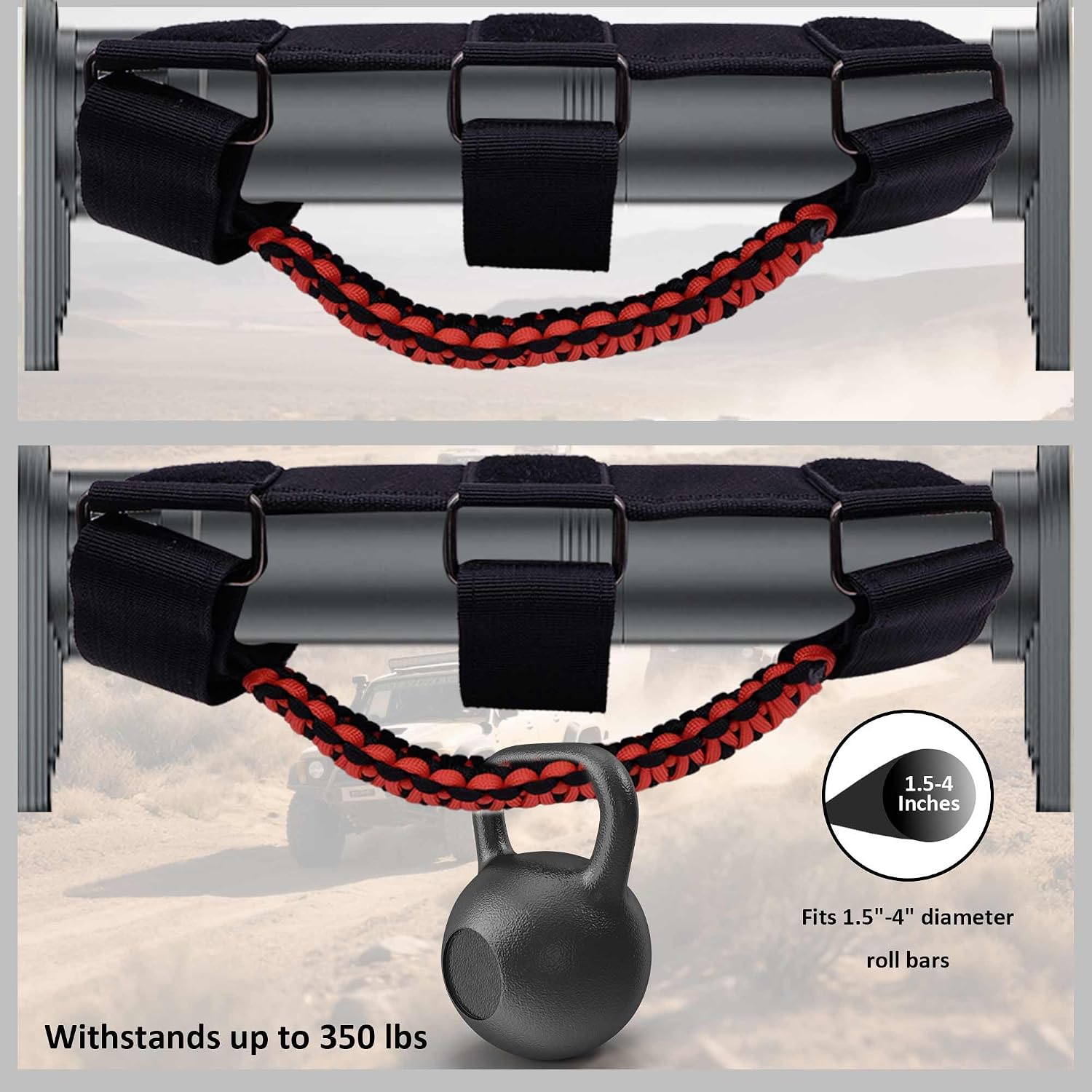 4 Pack Roll Bar Grab Handles for Jeep Wrangler, Multifunctional Paracord Handles Compatible with Jeep Wrangler CJ YJ TJ JK JL & Gladia-tor JT 1987-2025 , Heavy Duty Off-Road Interior Accessories