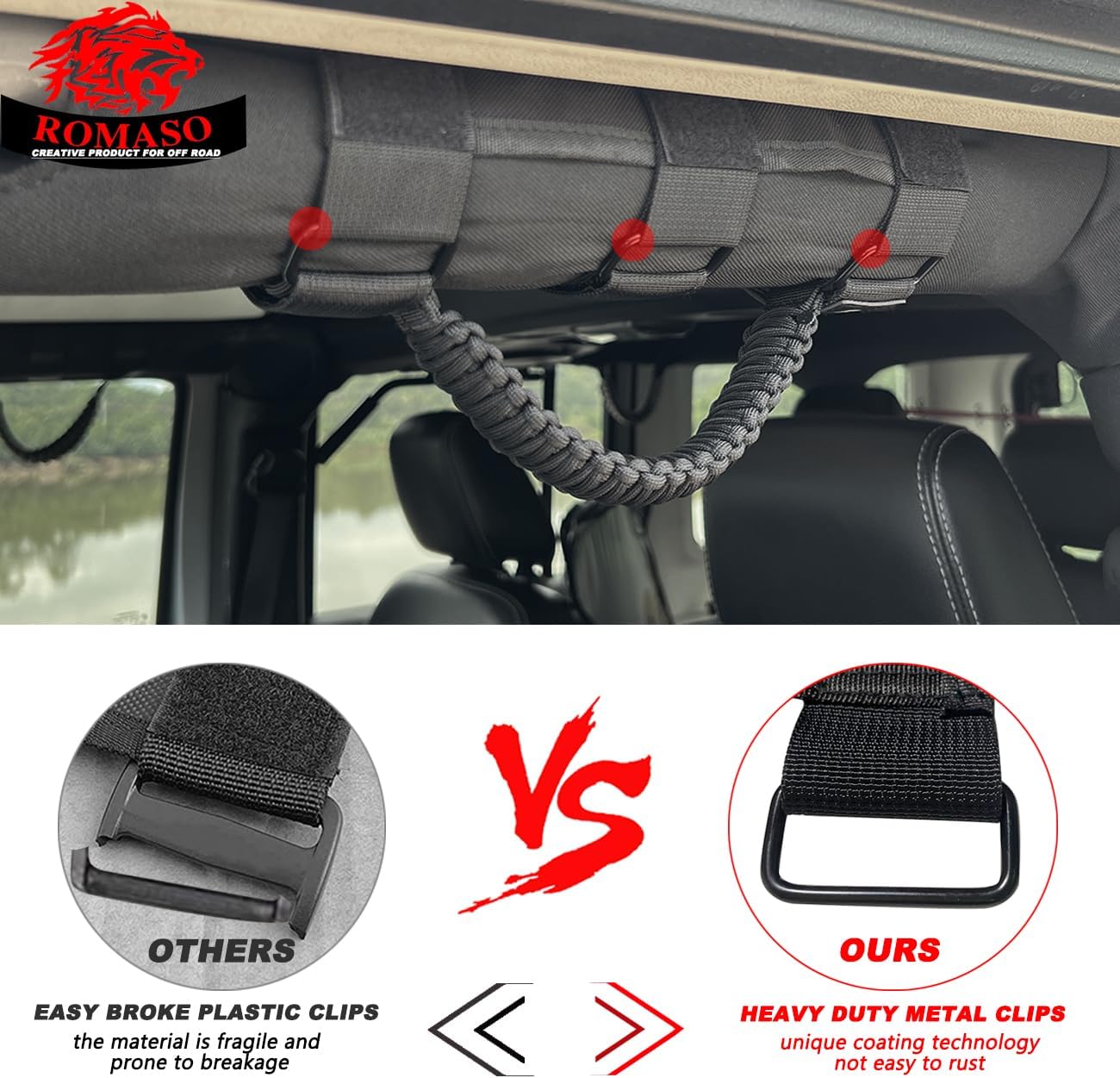 ROMASO Roll Bar Grab Handle for Jeep Wrangler,Grab Handle for Jeep Wrangler YJ TJ JK JL&Gladiator JT 1986-2025,Paracord Handles,Black,Pack of 2