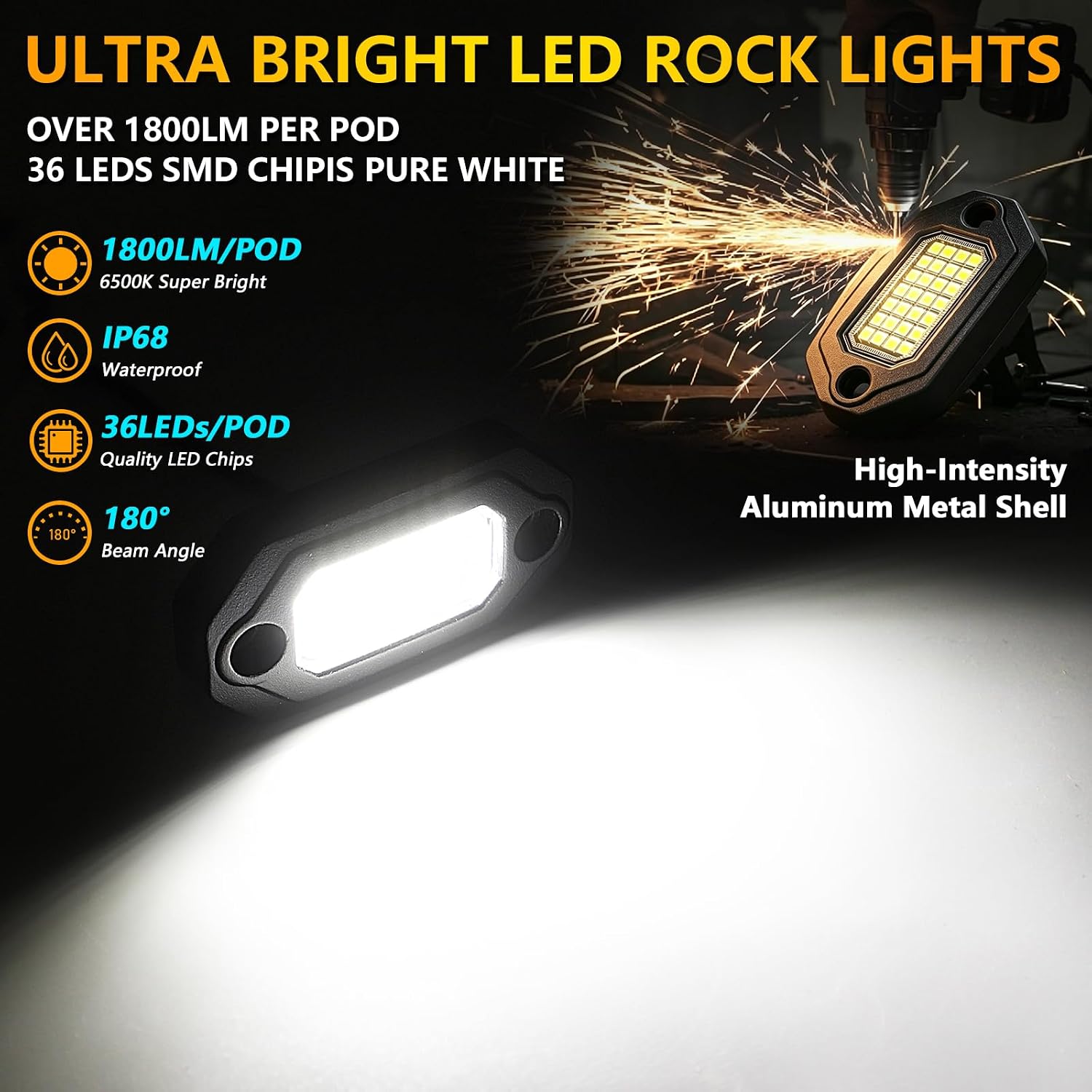 12 Pods Pure White LED Rock Lights and 6500K Super Bright, Aluminum Housing, Each Light with a 15FT Wire,432Chips IP68 Waterproof for Trucks Pickup SUV UTV ATV RZR Car Boats