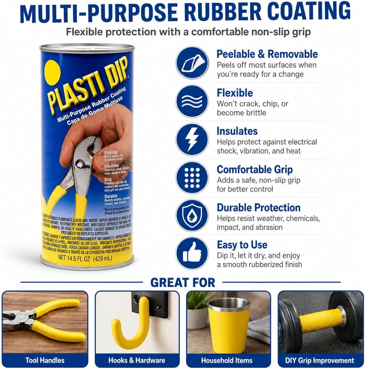 Plasti Dip Original Dip Can, Yellow, 14.5 fl oz, Multi-Purpose Rubber Coating, Peelable Flexible Non-Slip Grip Coating for Tool Handles, Hardware, Home, Garden, Crafts & DIY Projects