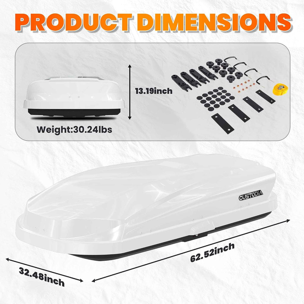 Hard Shell Roof Cargo Carrier White with Security Keys, Roof Box, Cargo Box, 63 (L) x 33 (W) x 14(H) Inches, 14 Cubic Feet (Tool-Free Install) Secure Your Travel with a Reliable Roof Box