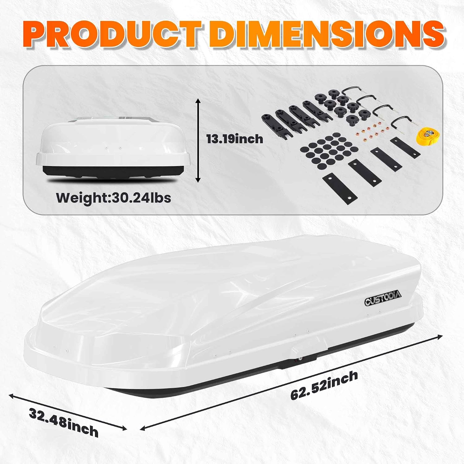 Hard Shell Roof Cargo Carrier White with Security Keys, Roof Box, Cargo Box, 63 (L) x 33 (W) x 14(H) Inches, 14 Cubic Feet (Tool-Free Install) Secure Your Travel with a Reliable Roof Box