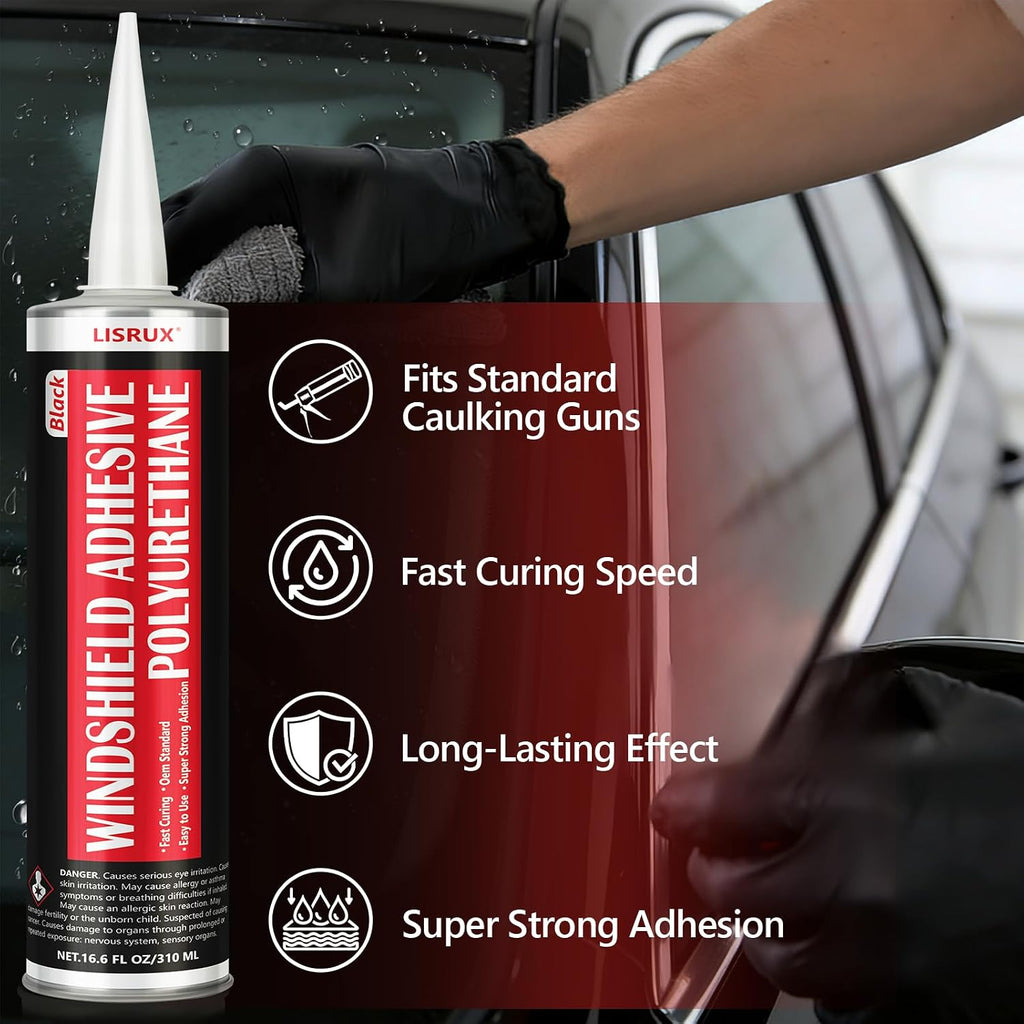 [6 pack] polyurethane windshield adhesive, windshield sealant black, close-up detail