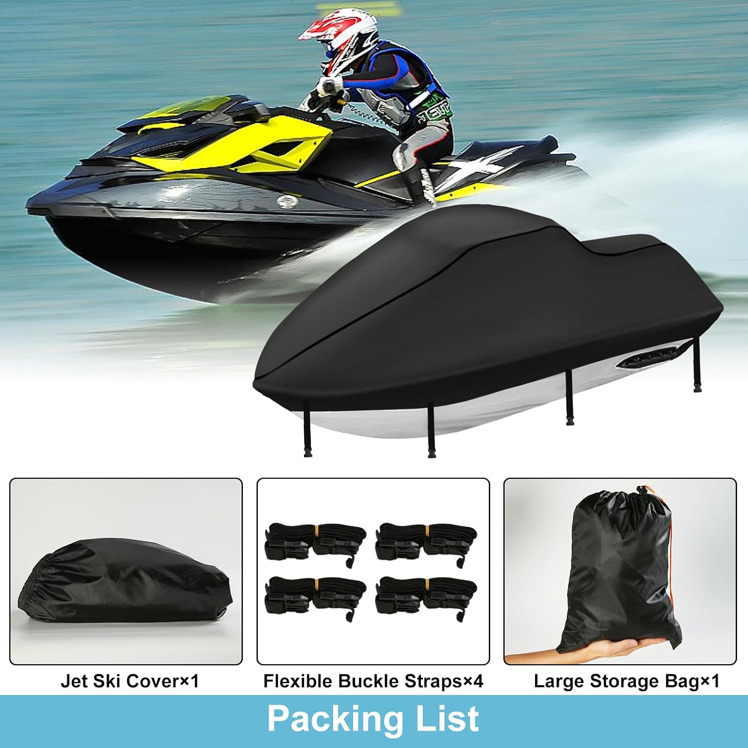Jet Ski Cover 3 Seater, 420D Waterproof UV Resistant (115"-120") | Nano Coating, 4 Windproof Buckles, Dual Air Vents, Easy Install & Store, Outdoor Storage & Trailering