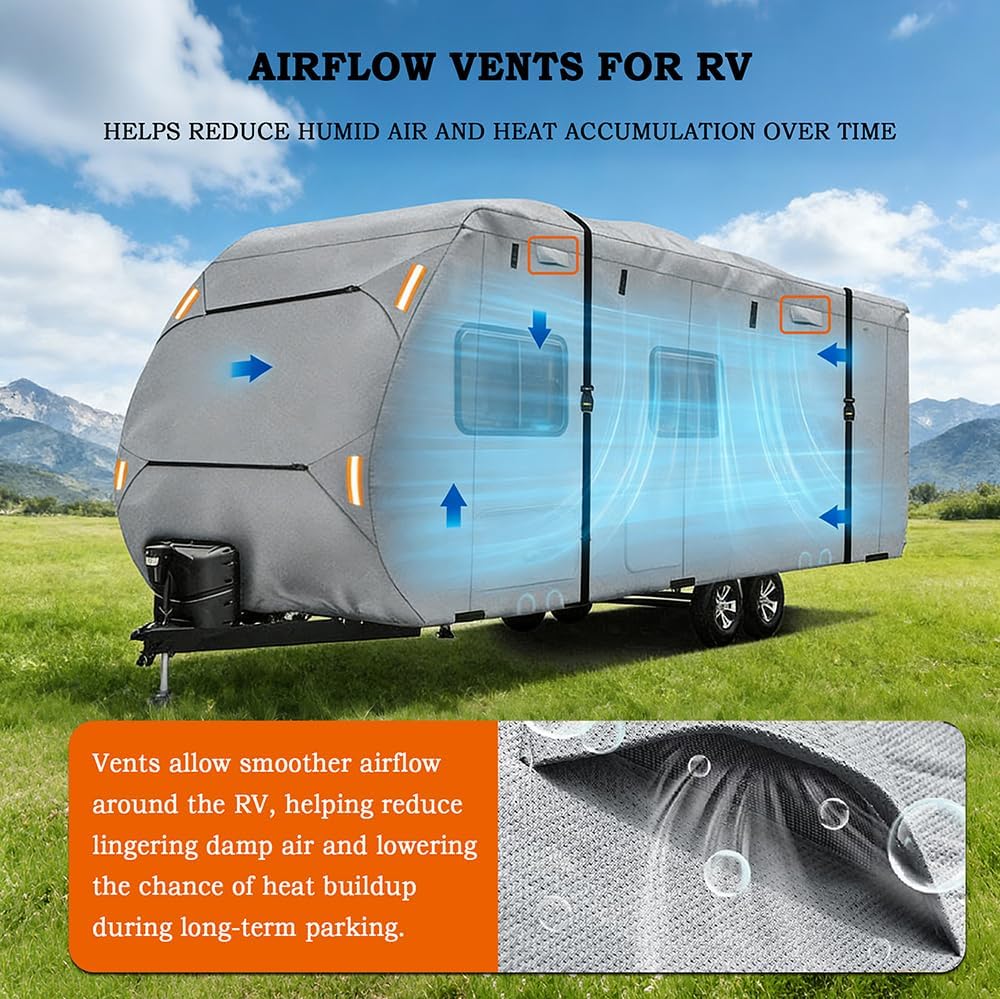 RV Cover for Heartland Sundance 293RL 2018–2026, Travel Trailer Camper Storage Cover 420D Oxford with Adjustable Straps, Zipper Access for Driveway Seasonal Parking