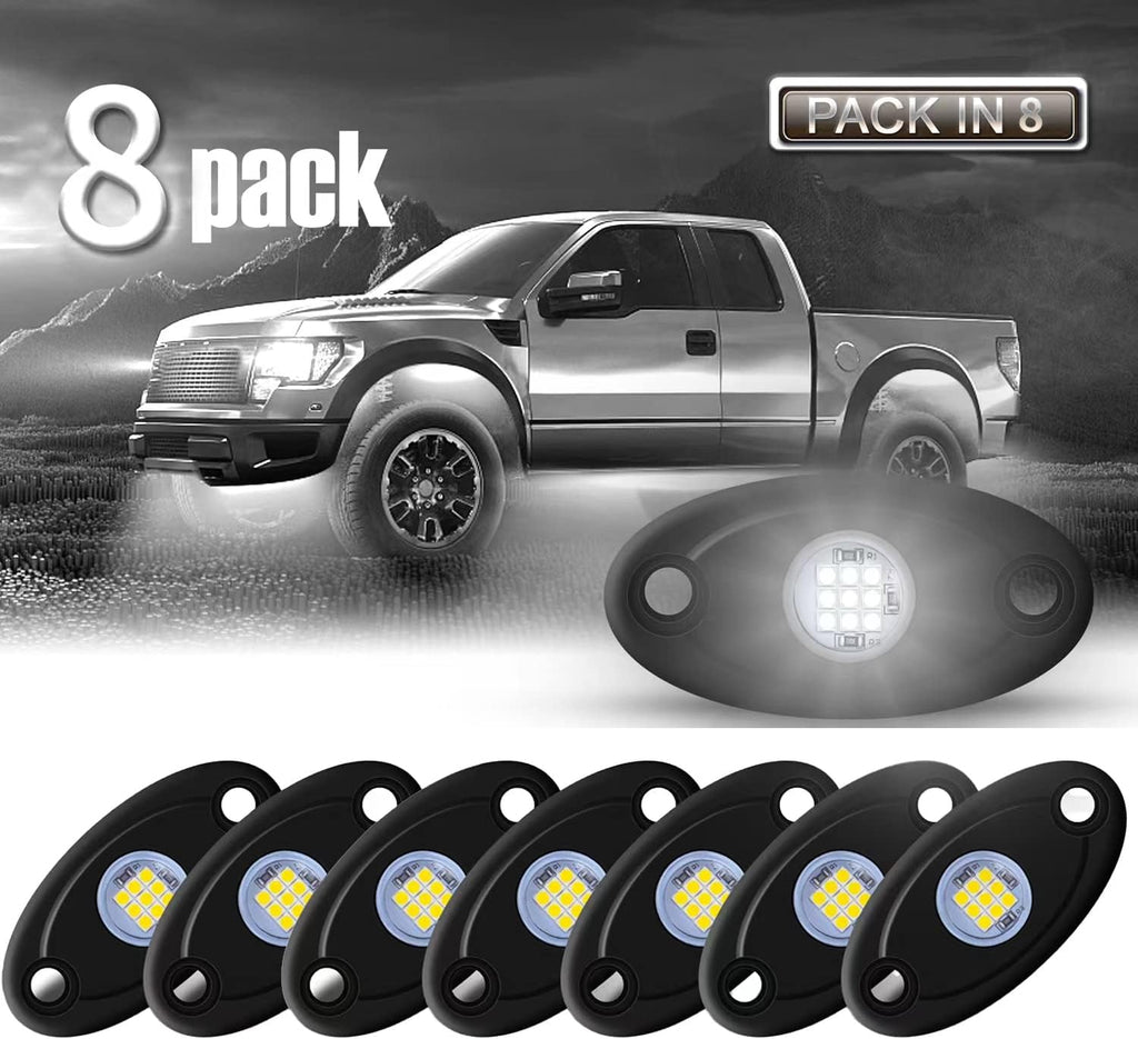 LED Rock Lights 8 Pods White for Truck Motorcycle Car Shockproof Waterproof Underbody Glow Neon Trail Rig Fender Lighting